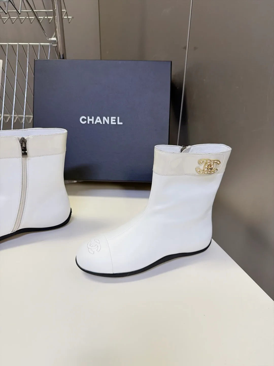 Chanel Calfskin Glossy Pointed-Toe Ankle Boots in White · view 3