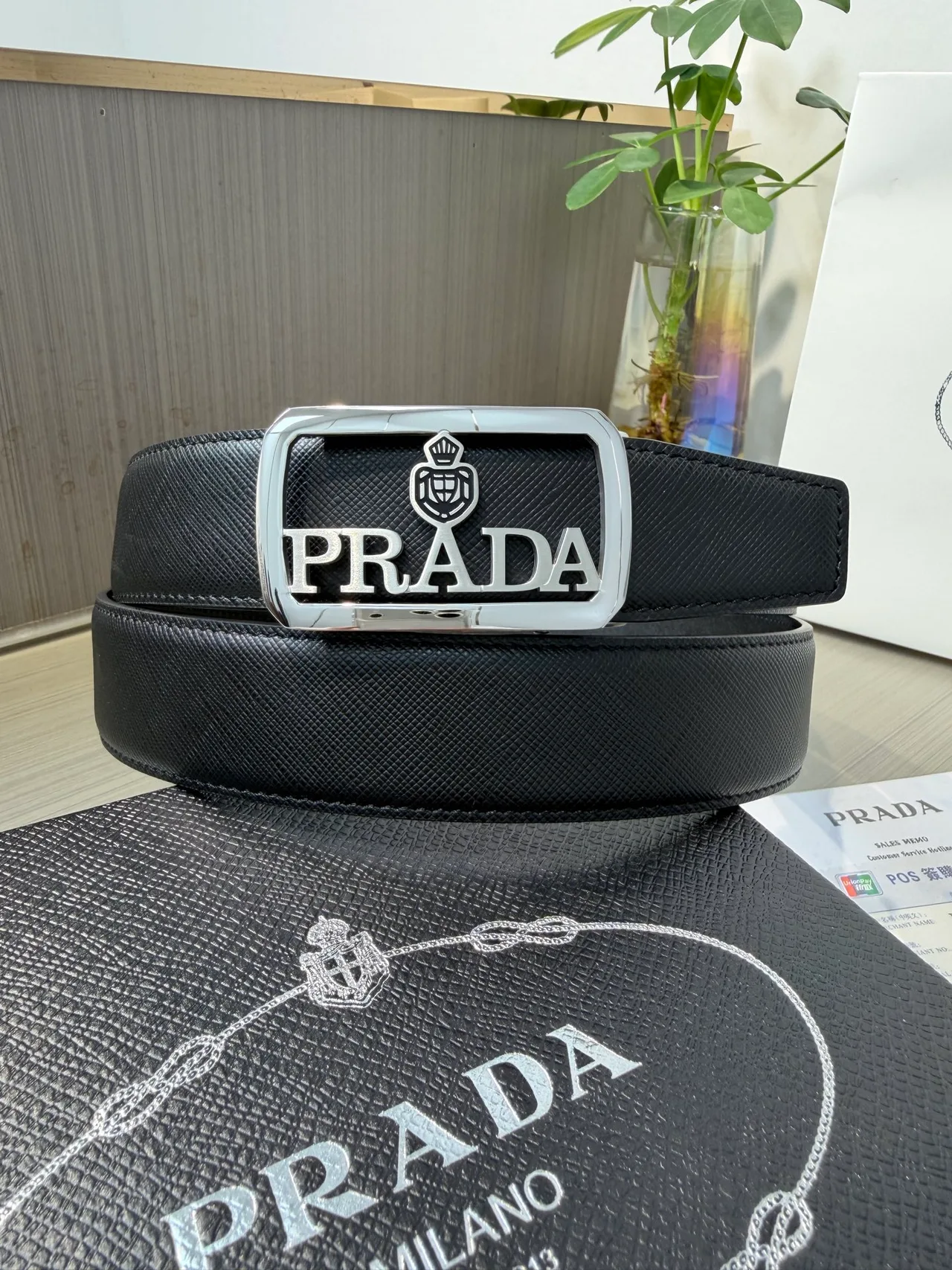 Prada Calfskin Glossy Belt in Black · view 1