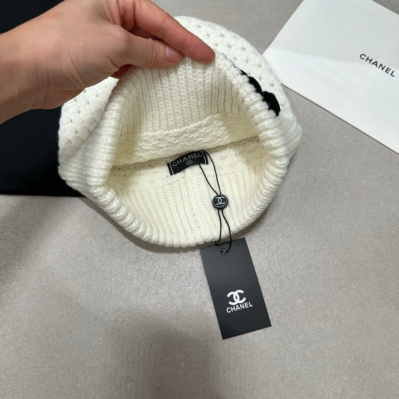 Chanel Textured CC Beanie in Black & White · view 3
