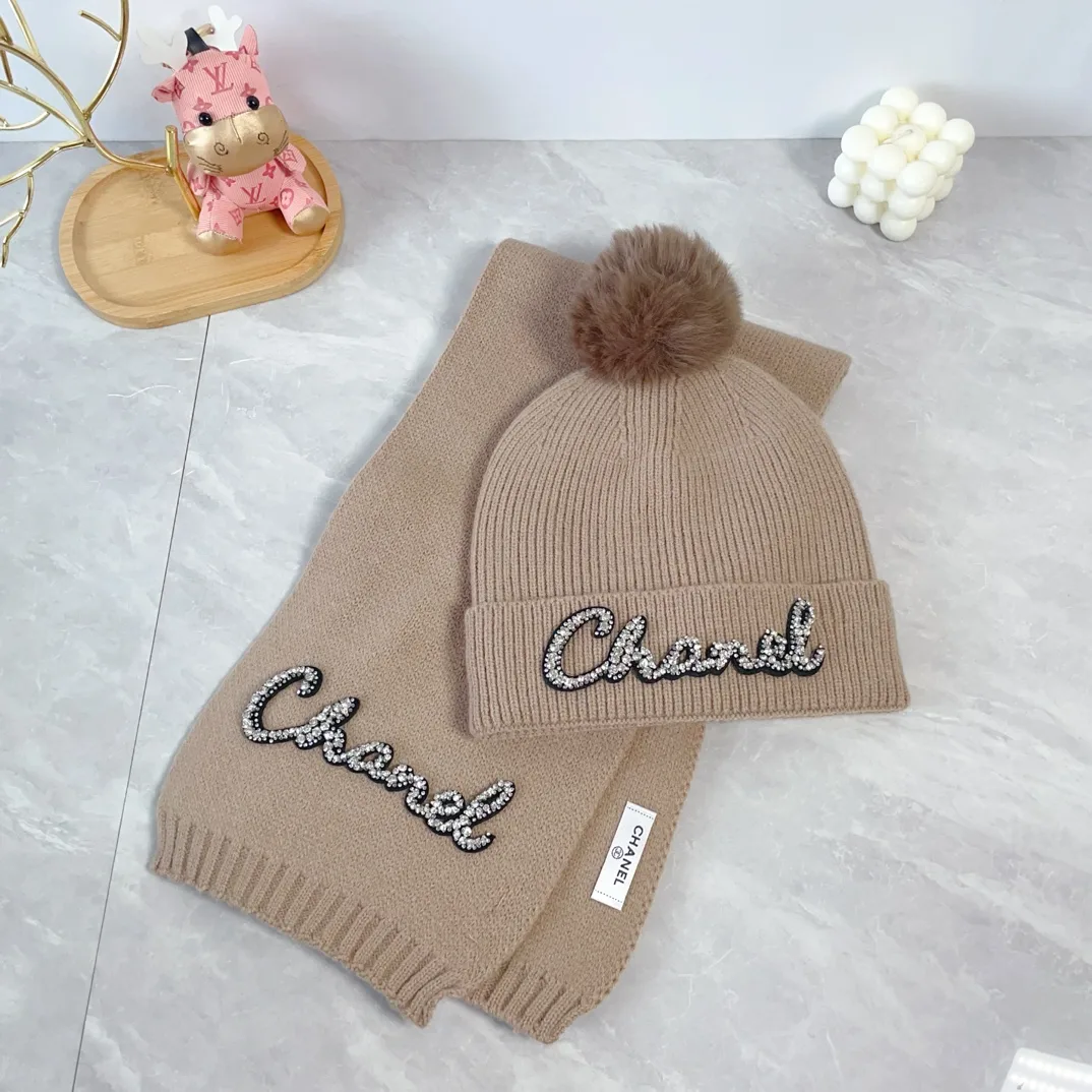 Chanel Wool Ribbed Embroidered Hat and Scarf Set in Beige · view 1