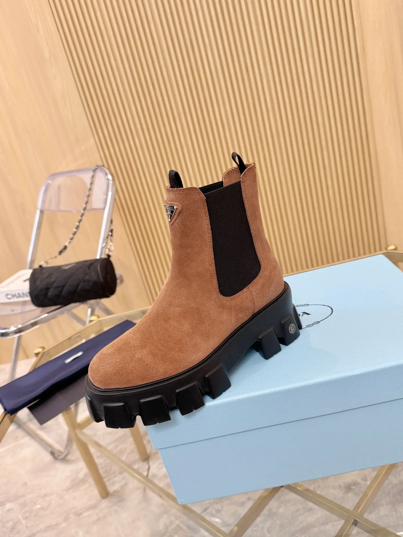 Prada Suede-Look Chelsea Boots in Brown · view 5
