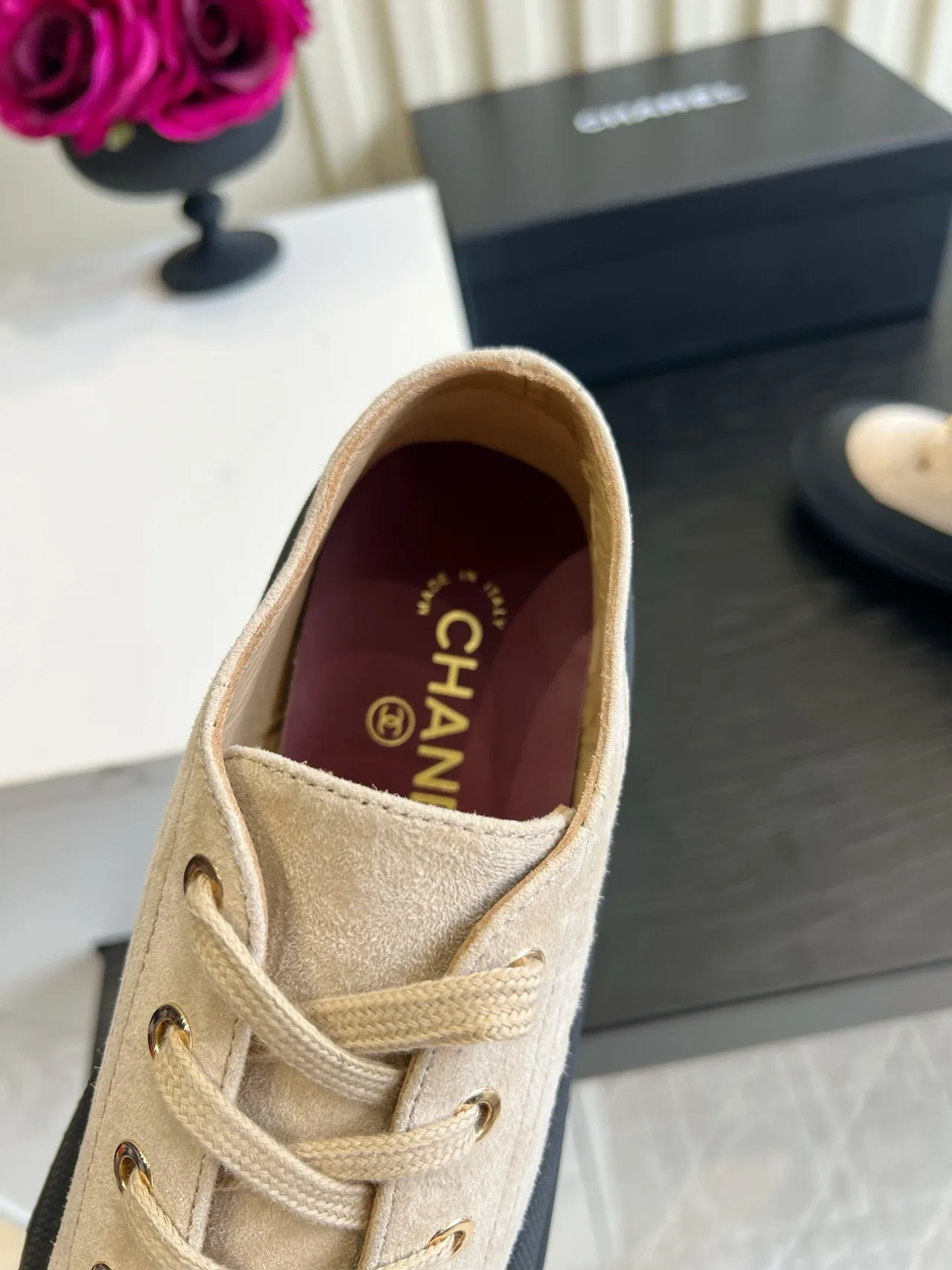 Chanel Suede-Look Round-Toe Sneakers in Beige · view 8