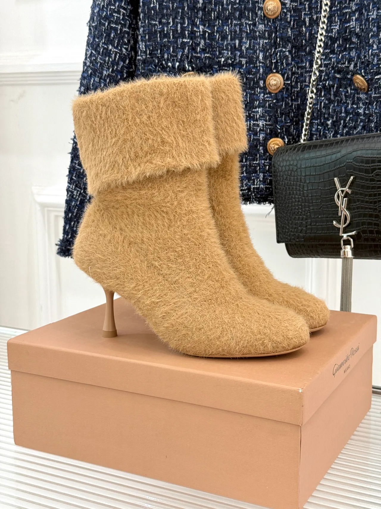 Gianvito Rossi Wool Fuzzy Ankle Boots in Beige · view 1