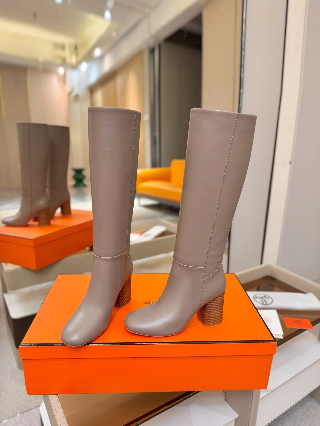 Hermes Cowhide Knee-High Boots in Grey · view 5