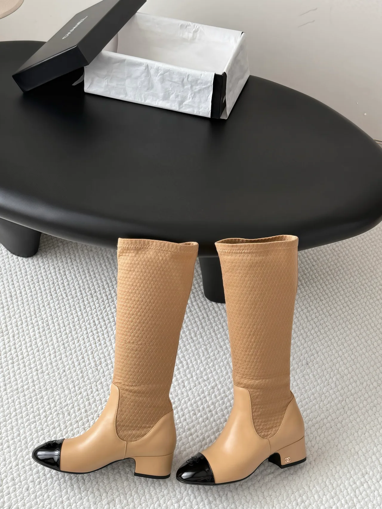 Chanel Cowhide Glossy Pointed-Toe Knee-High Boots in Beige · view 6