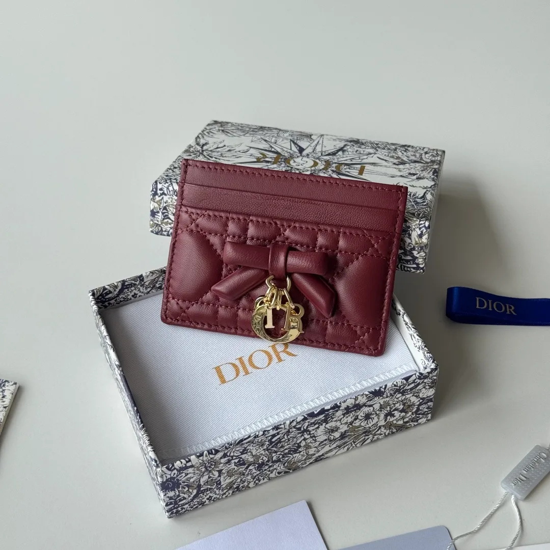 Dior Lambskin Quilted Bow Cardholder in Burgundy · view 2