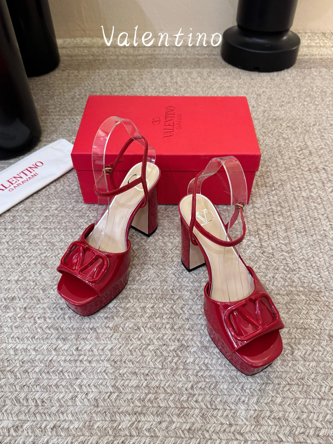 Valentino Patent Leather Glossy Square-Toe Sandals in Red · view 2