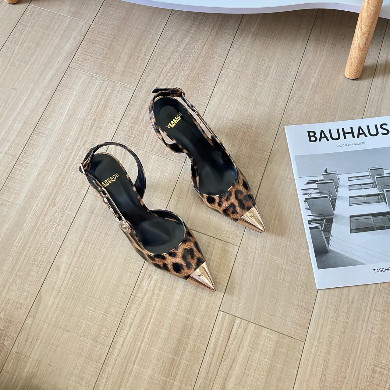Versace Sheepskin Pointed-Toe Pointed Slingback Pumps in Brown · view 3