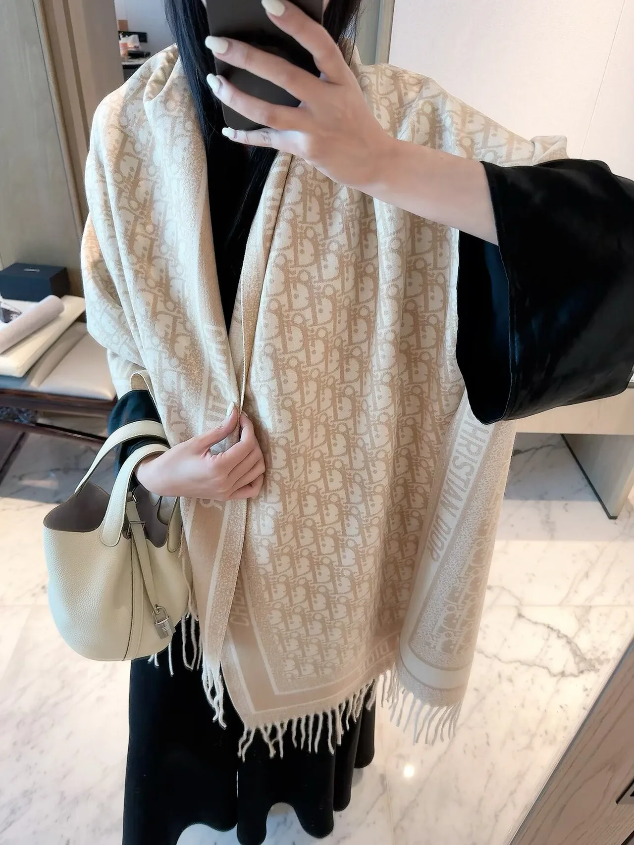 Dior Oblique Border Fringe Scarf in Grey & Pink & Beige · view 3