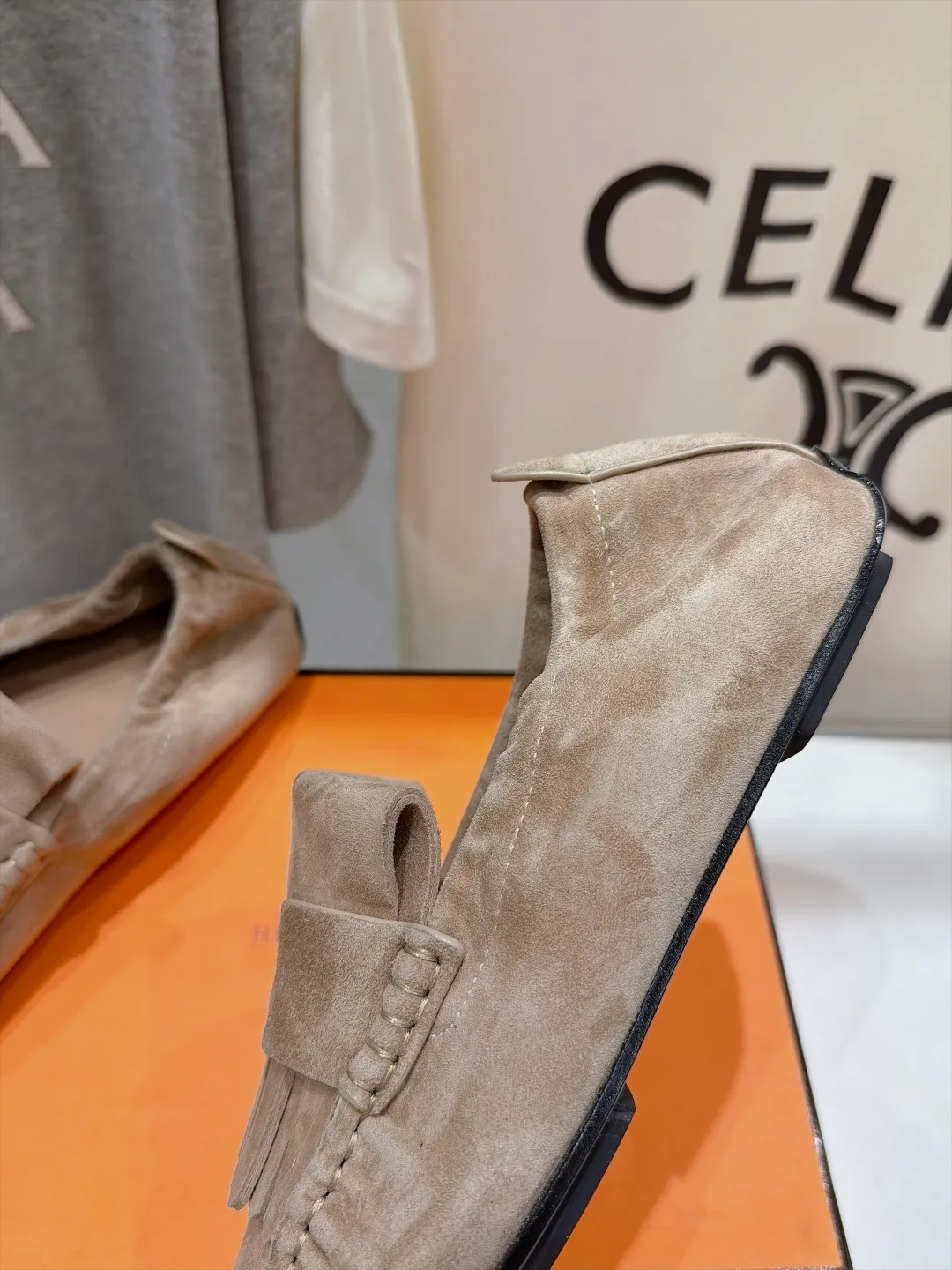 Celine Suede-Look Round-Toe Fringed Loafers in Beige · view 6