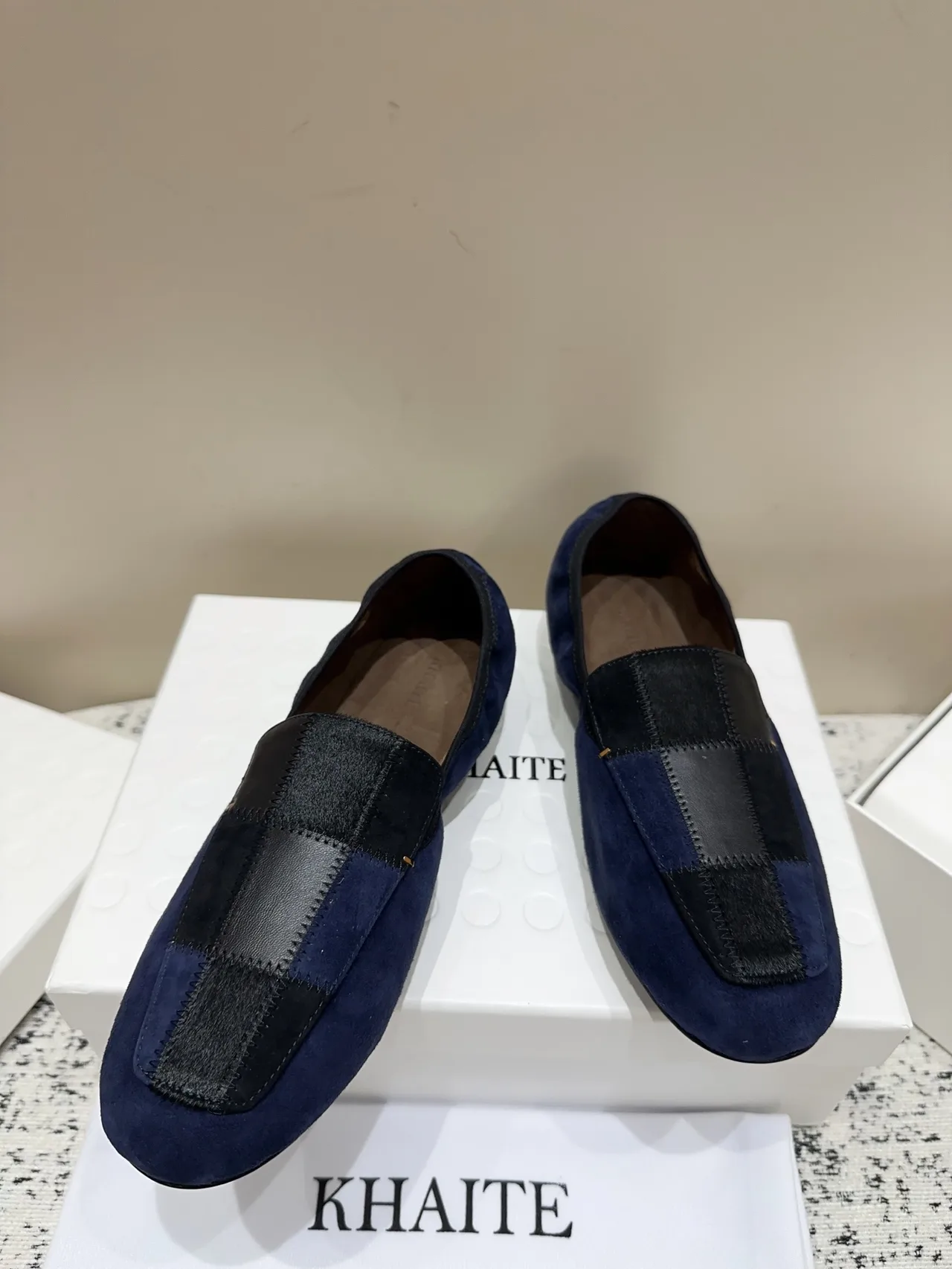 Khaite Sheepskin Suede-Look Loafers in Blue · view 2