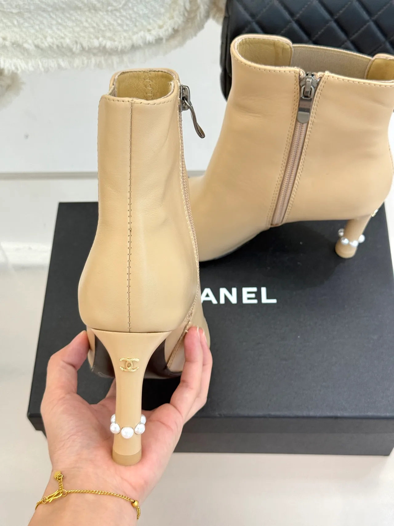 Chanel Lambskin Glossy Ankle Boots in Beige · view 8