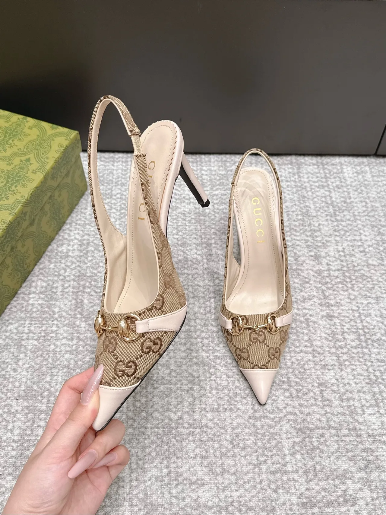 Gucci Glossy Pointed-Toe Monogram Slingback Pumps in Beige · view 4