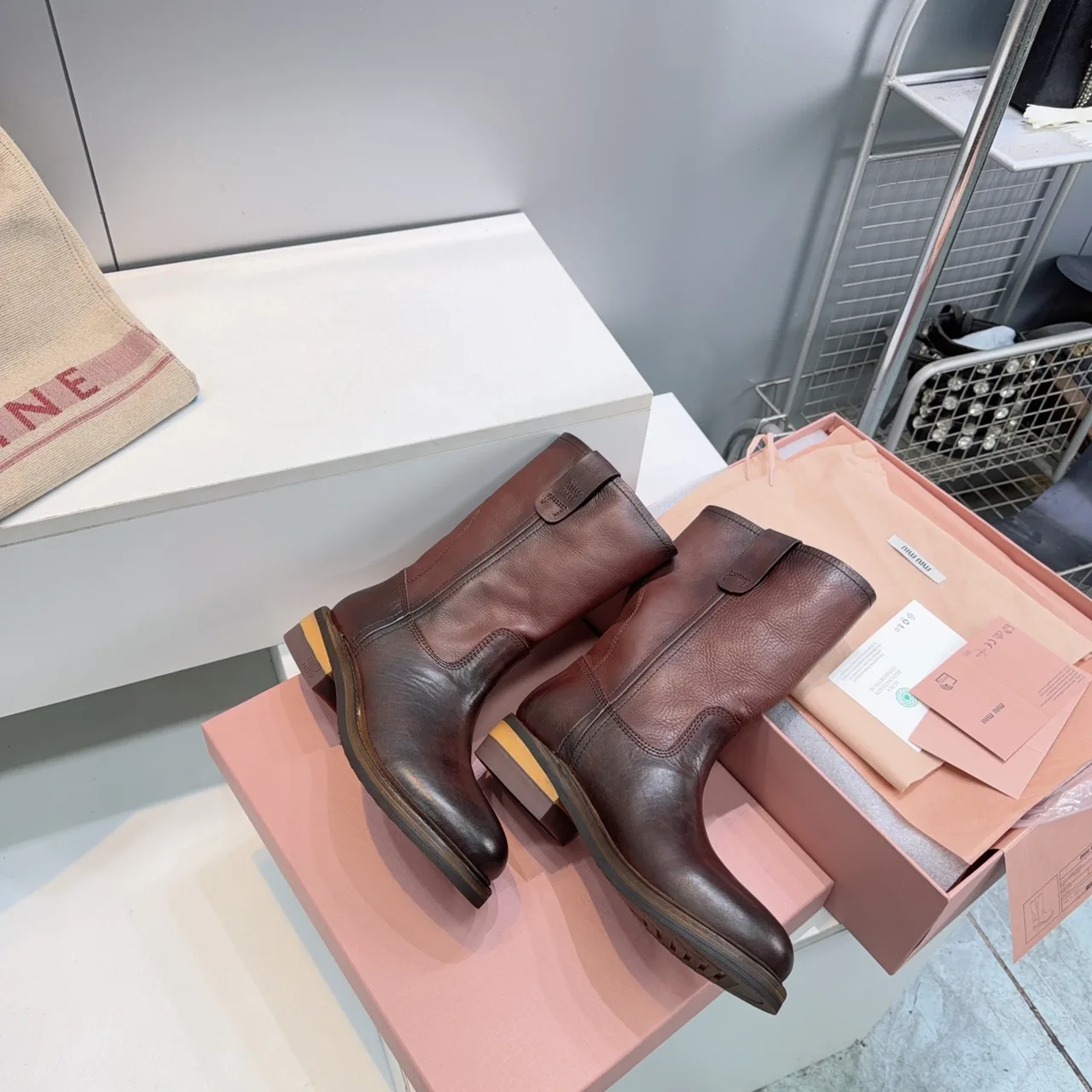 Miu Miu Cowhide Smooth Round-Toe Pull-On Boots in Brown · view 4