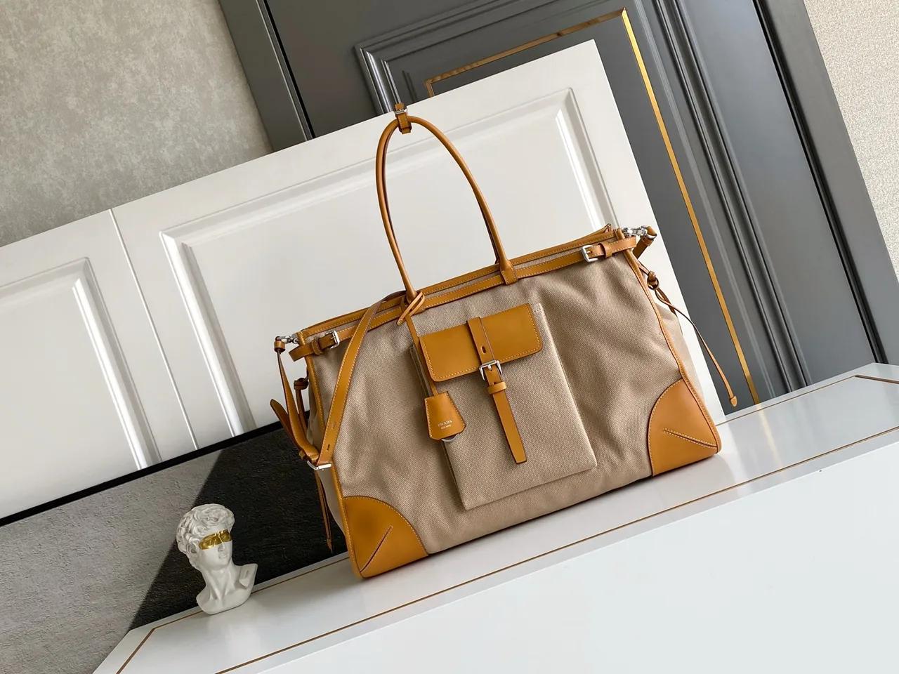 Prada Leather Belted Tote in Beige · view 1