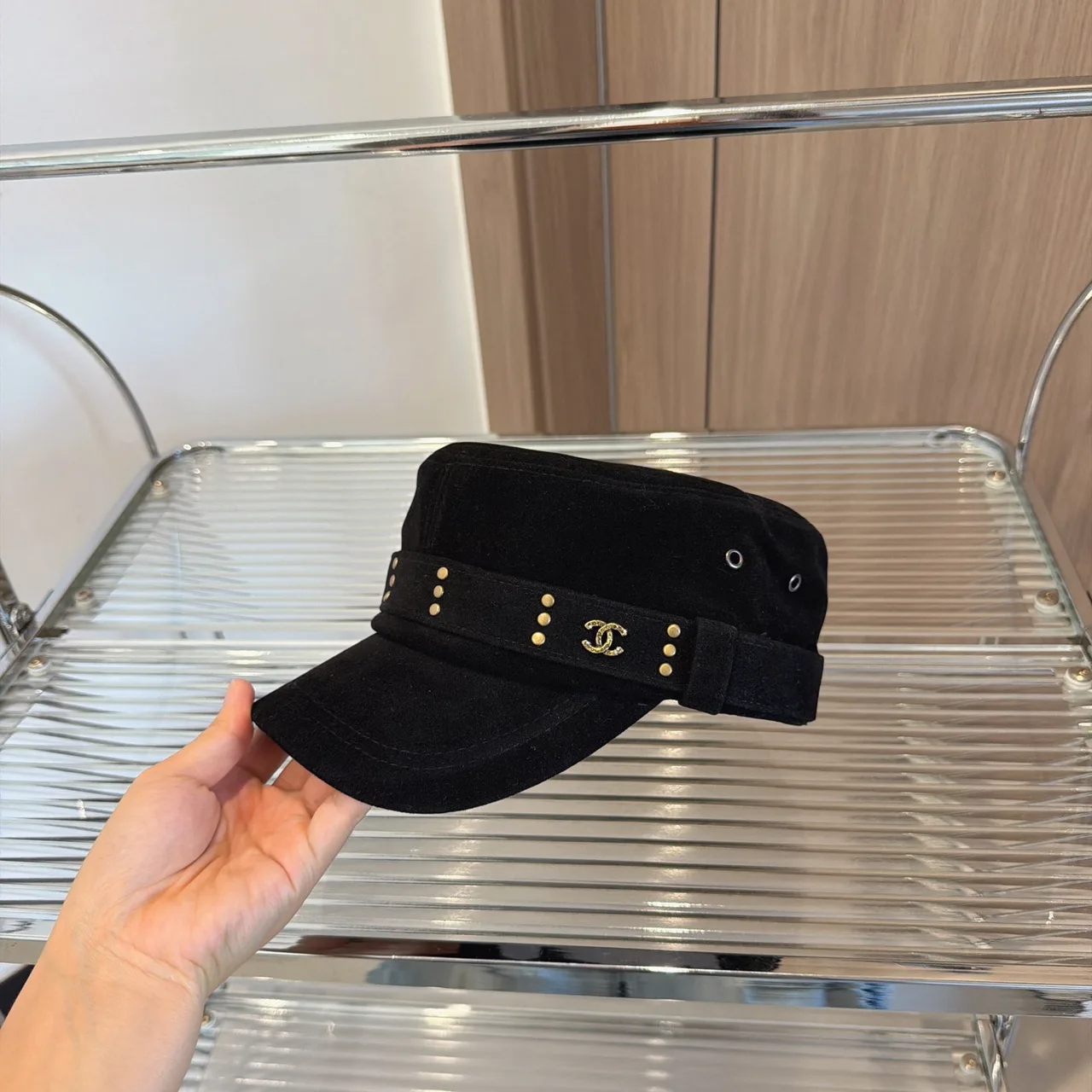Chanel Flat-top logo-trim cap in Black & Brown · view 5