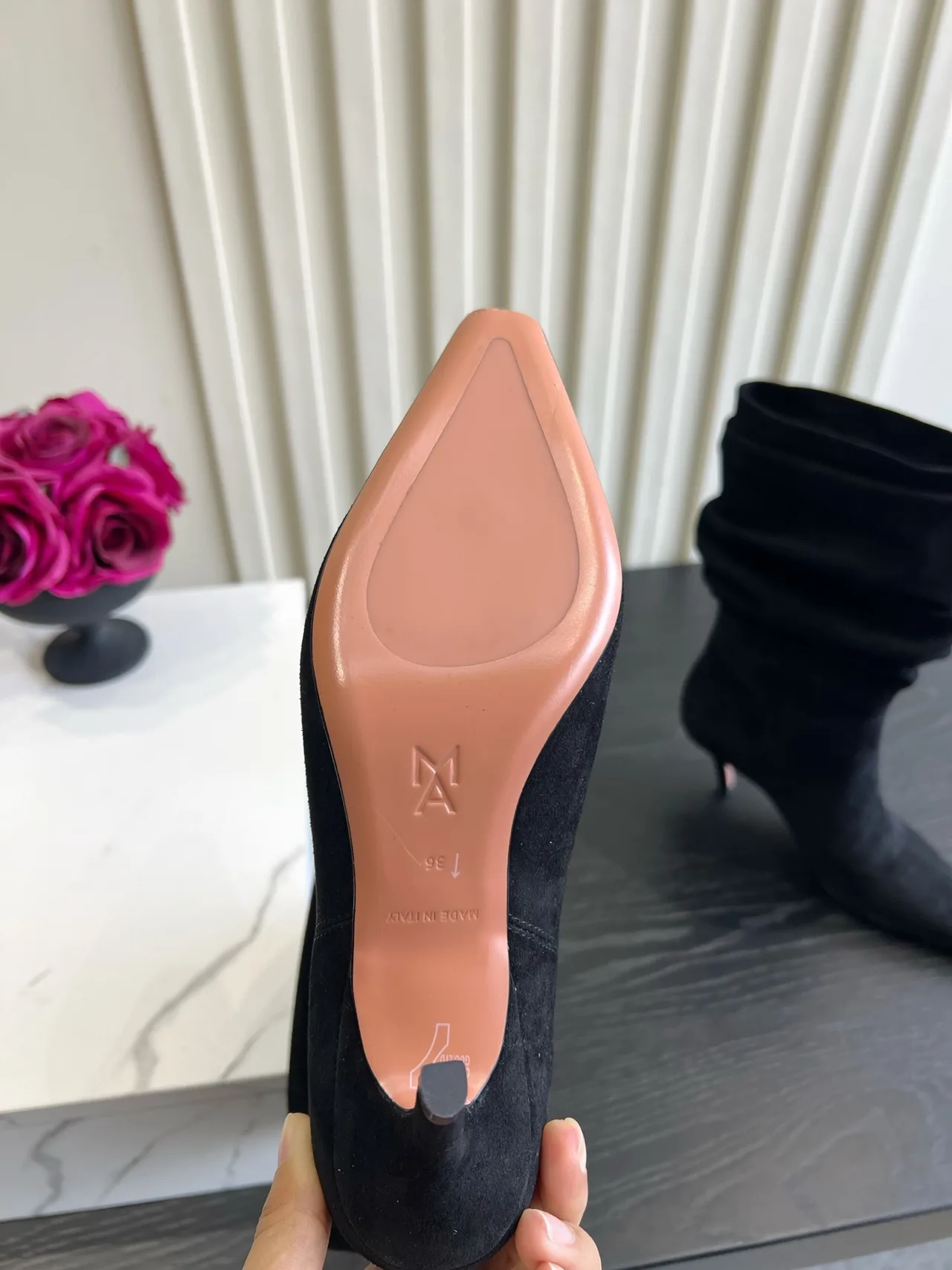 Amina Muaddi Cowhide Glossy Pointed-Toe Boots in Black · view 5
