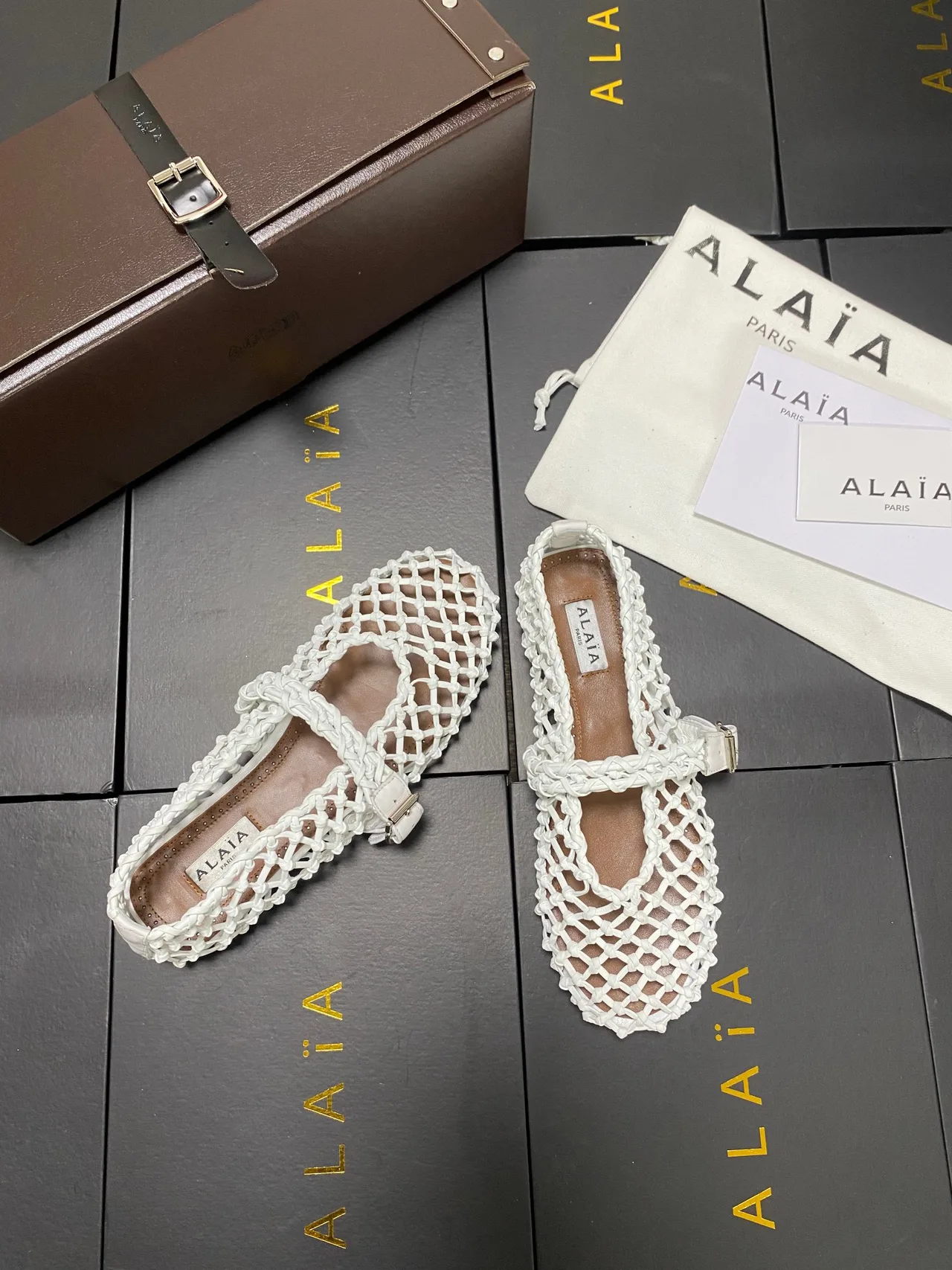 Alaia Cowhide Sheepskin Square-Toe Mesh Mary Jane Flats in White · view 5