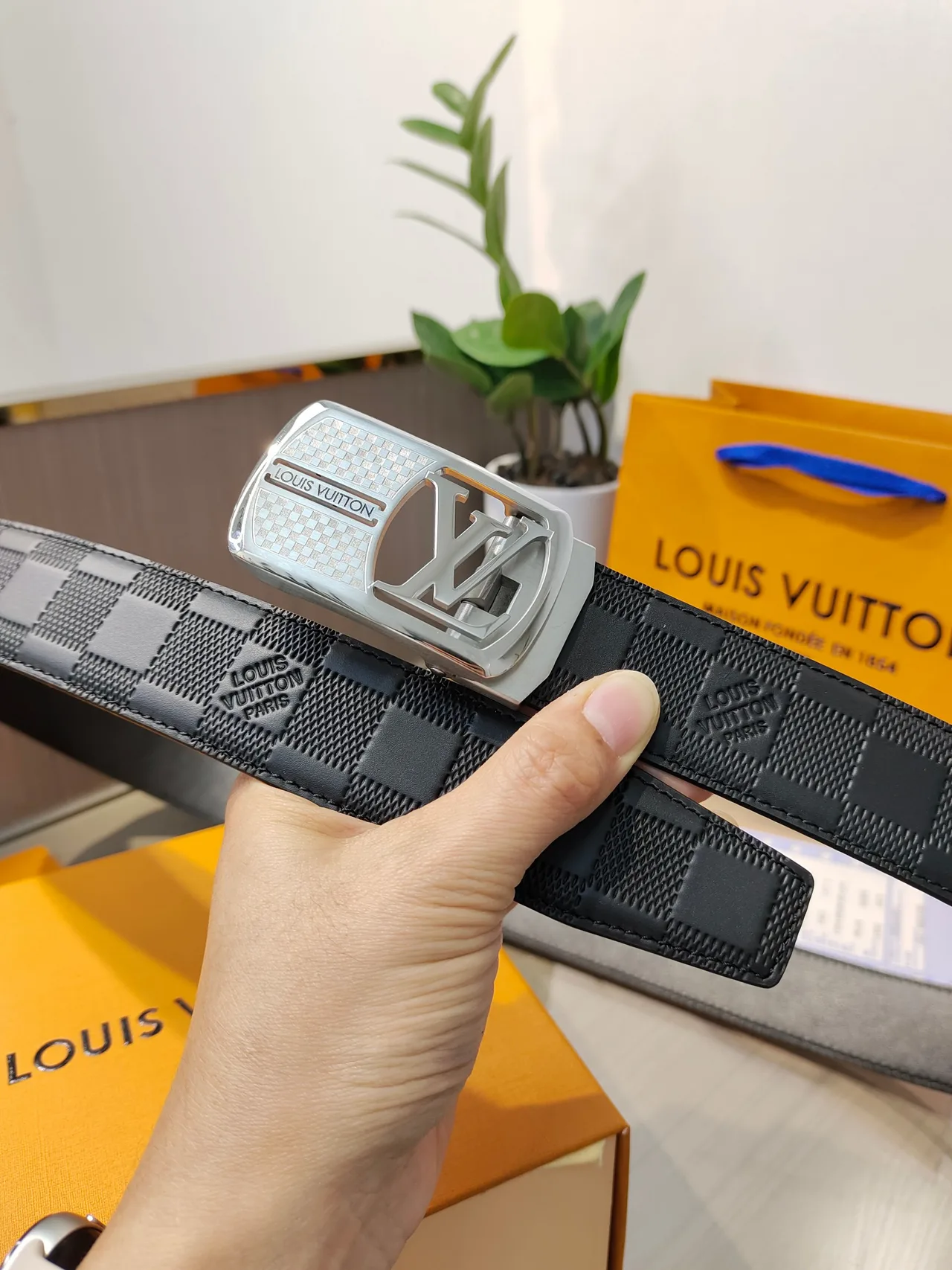 Louis Vuitton Calfskin Check Belt in Black · view 4