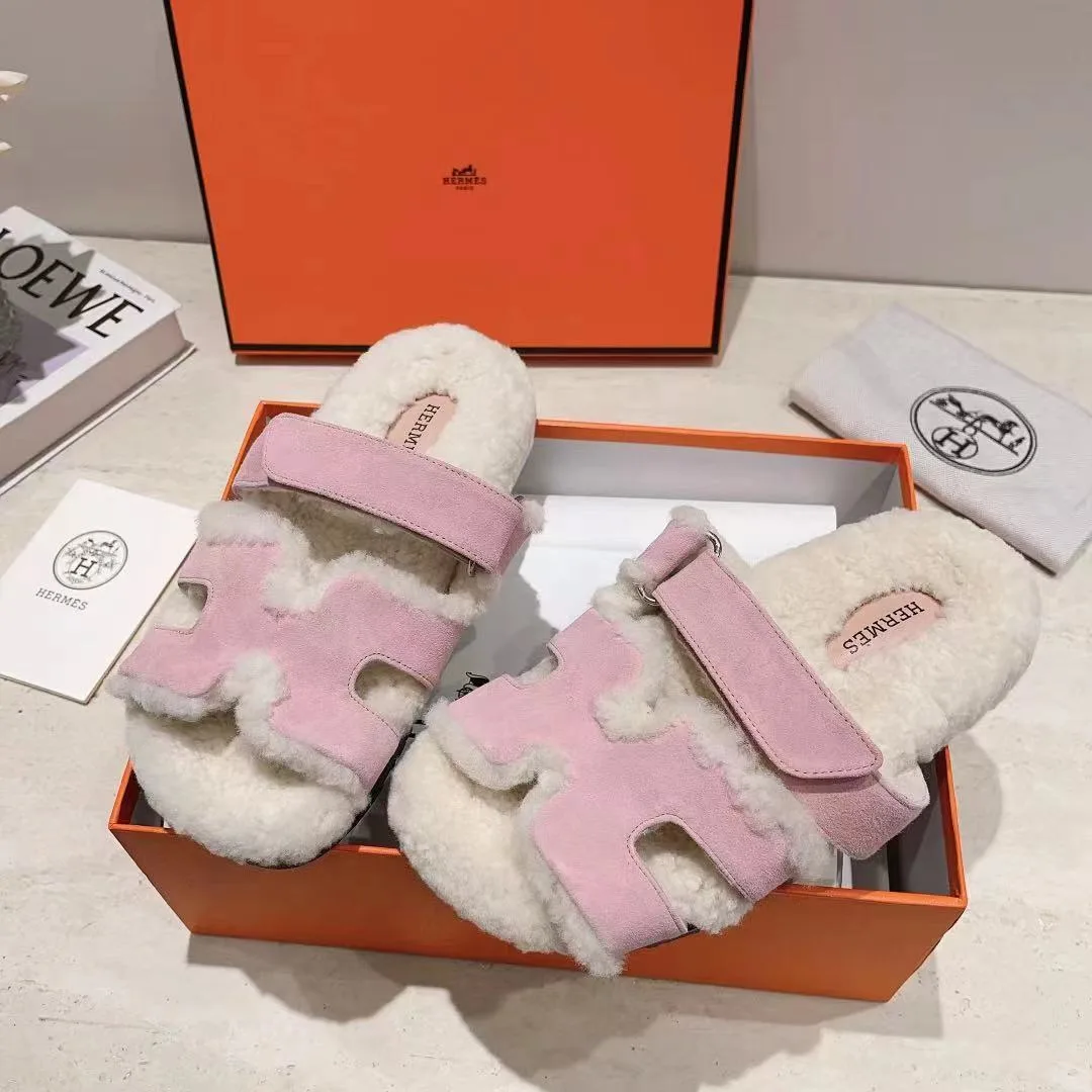 Hermes Sheepskin Chypre Shearling Slides in Pink · view 4