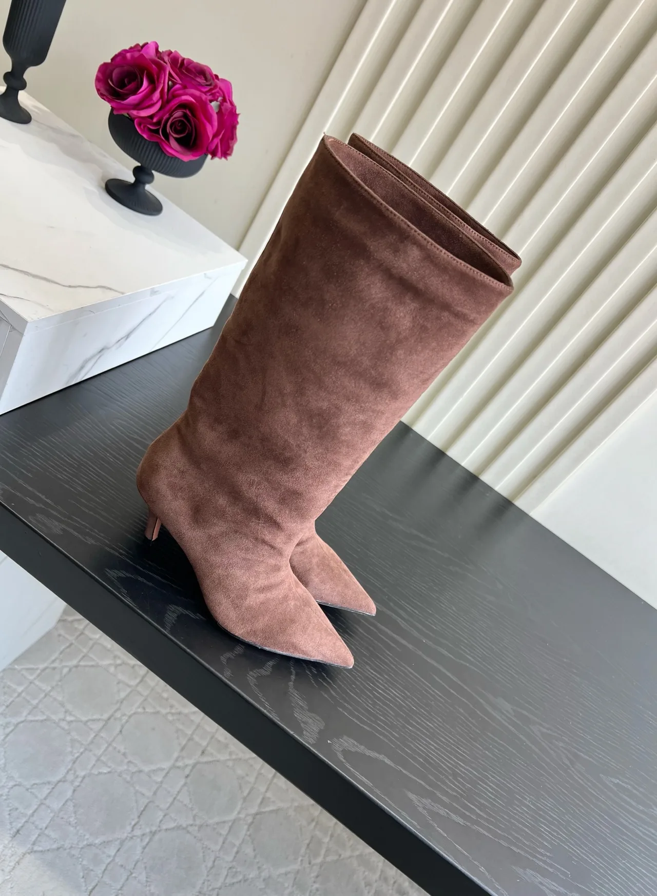 Amina Muaddi Cowhide Glossy Suede-Look Pointed-Toe Pointed Knee-High Boots in Pink · view 3