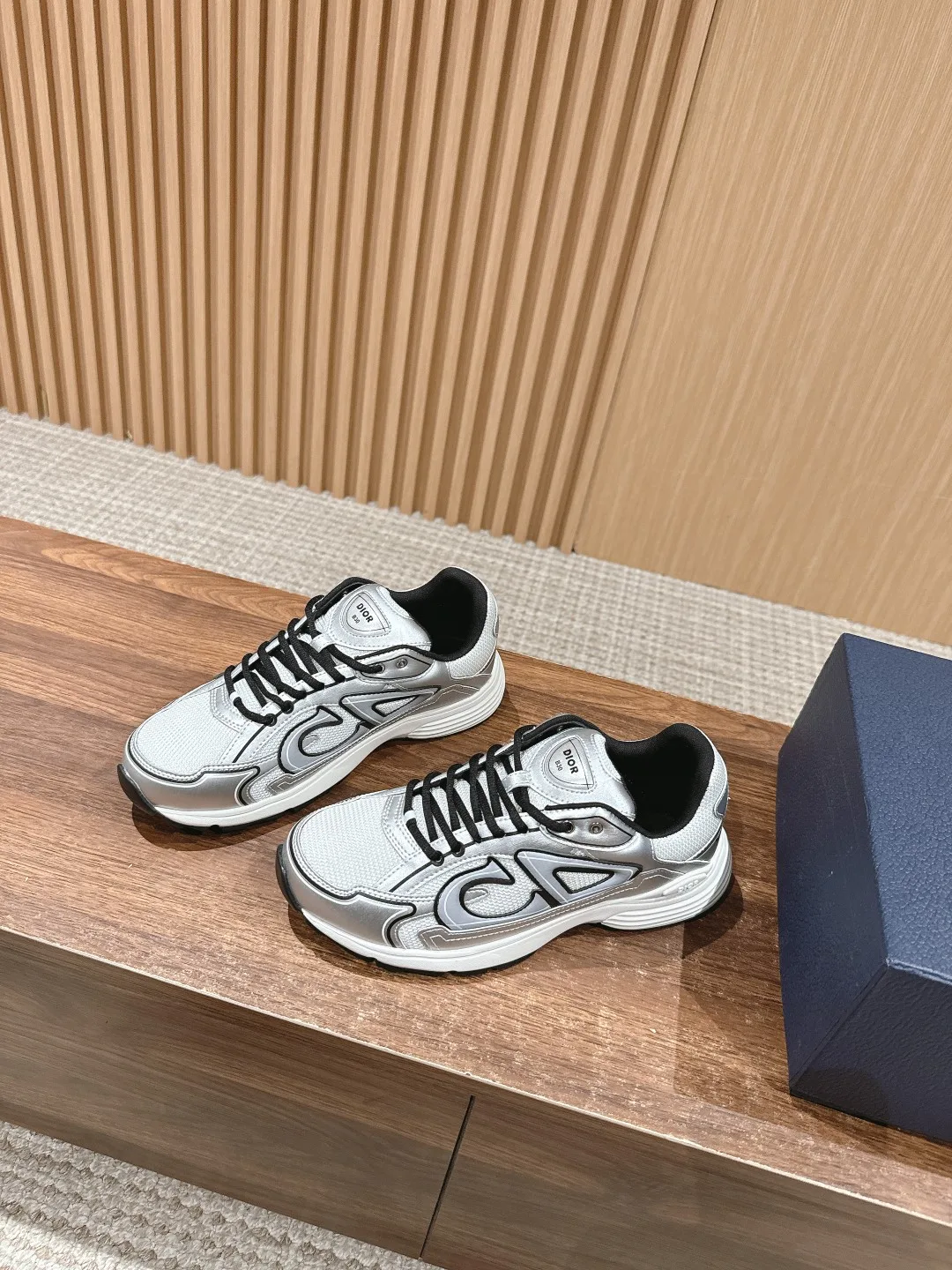 Dior Striped Round-Toe Sneakers in Silver · view 3