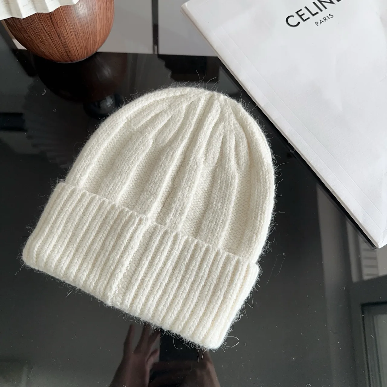Celine Ribbed Glossy Beanie in White · view 5
