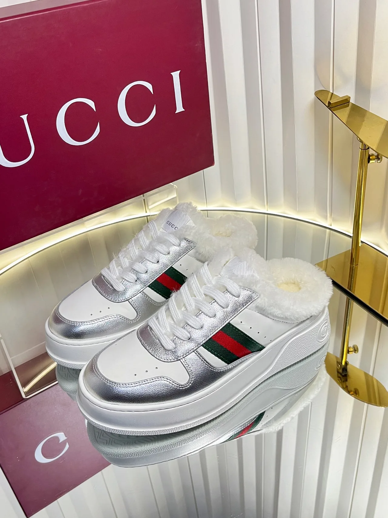 Gucci Wool Striped Lined Sneakers in White · view 2