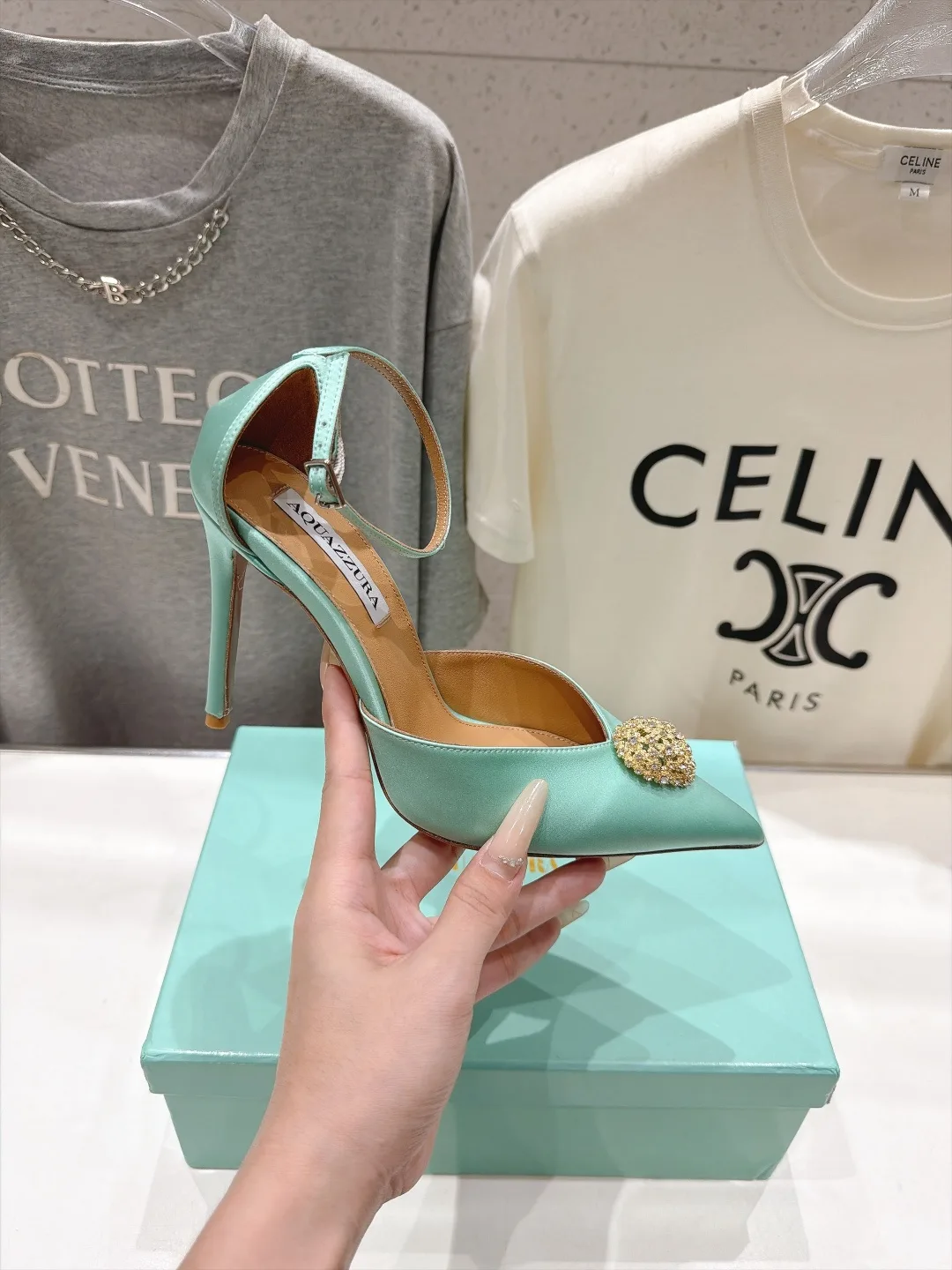 Aquazzura Silk Glossy Pointed-Toe Pointed Slingback Pumps in Blue · view 5