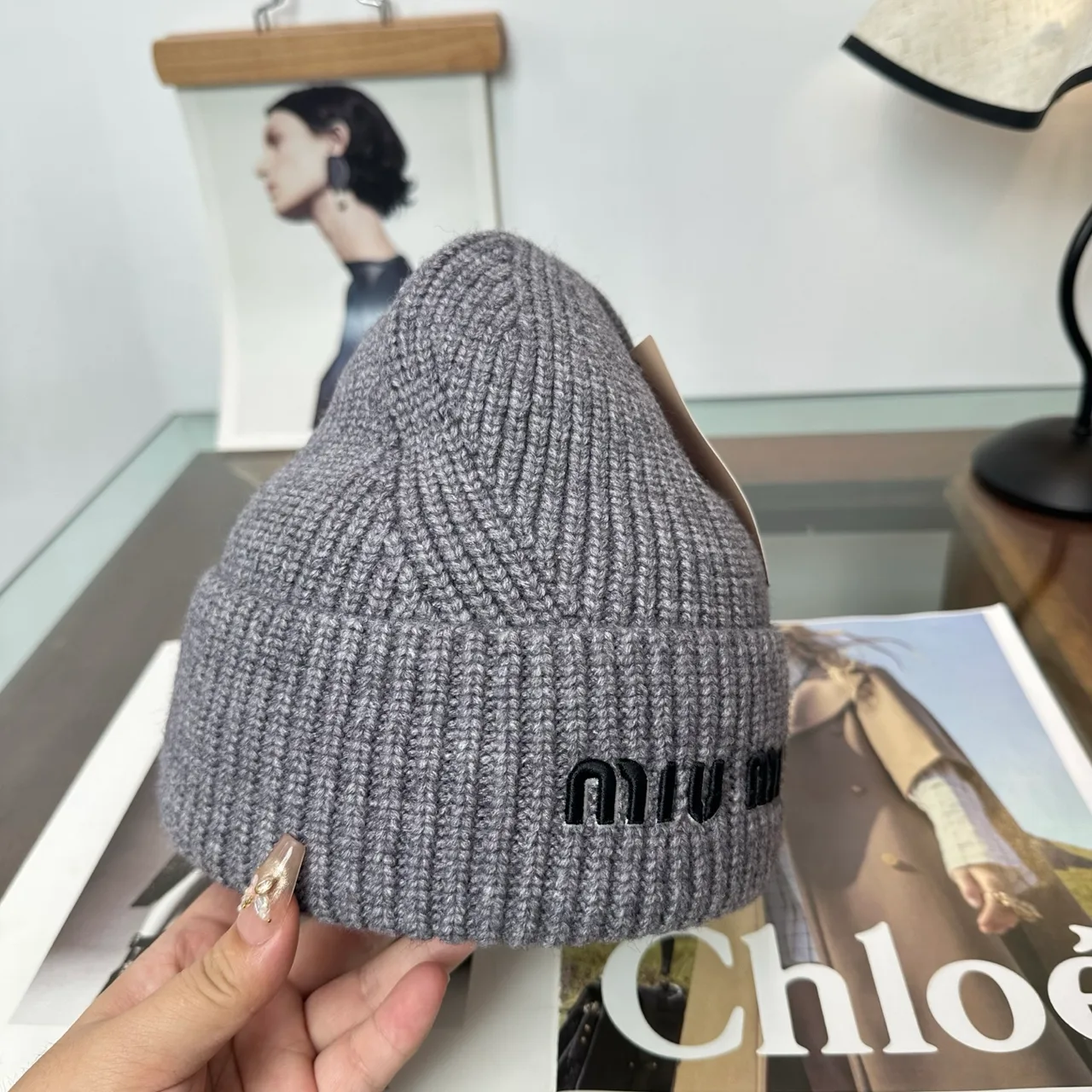 Miu Miu Ribbed Embroidered Beanie in Grey · view 4
