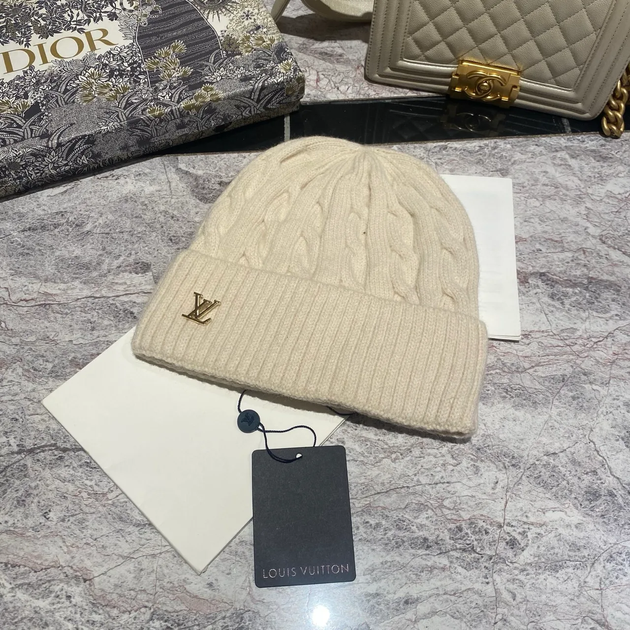 Louis Vuitton Cable-Knit LV Beanie in Grey & Cream & Pink & White & Tan & Burgundy & Blue & Black · view 2