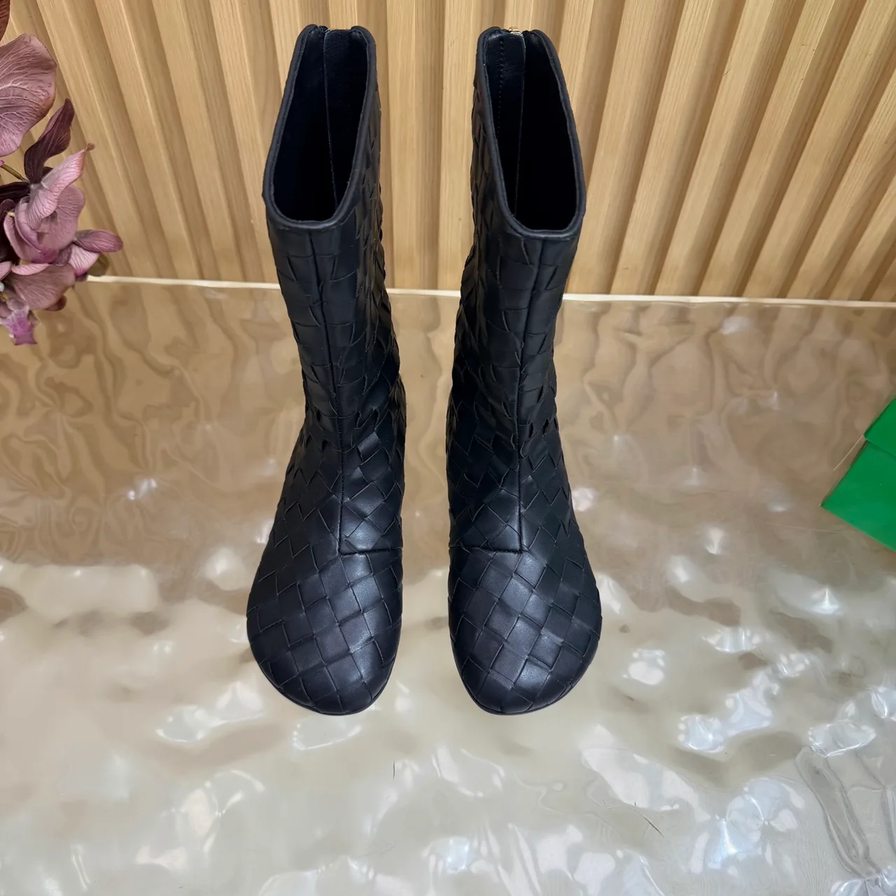 Bottega Veneta Quilted Woven Pointed-Toe Ankle Boots in Black · view 5