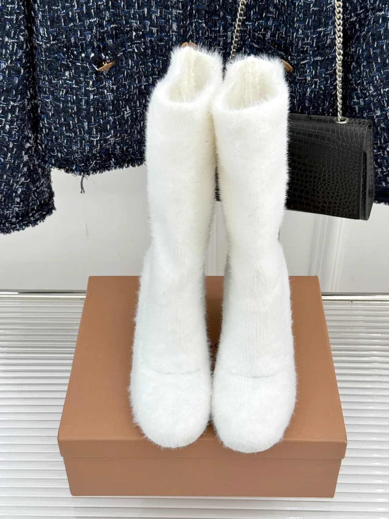 Gianvito Rossi Wool Ribbed Fuzzy Ankle Boots in White · view 3