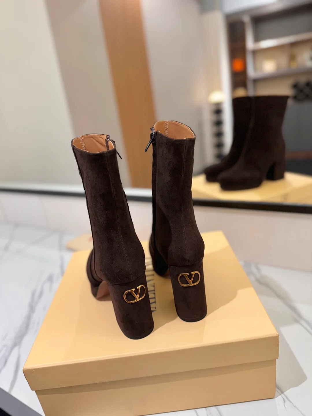 Valentino Cowhide Suede-Look Round-Toe Ankle Boots in Brown · view 6