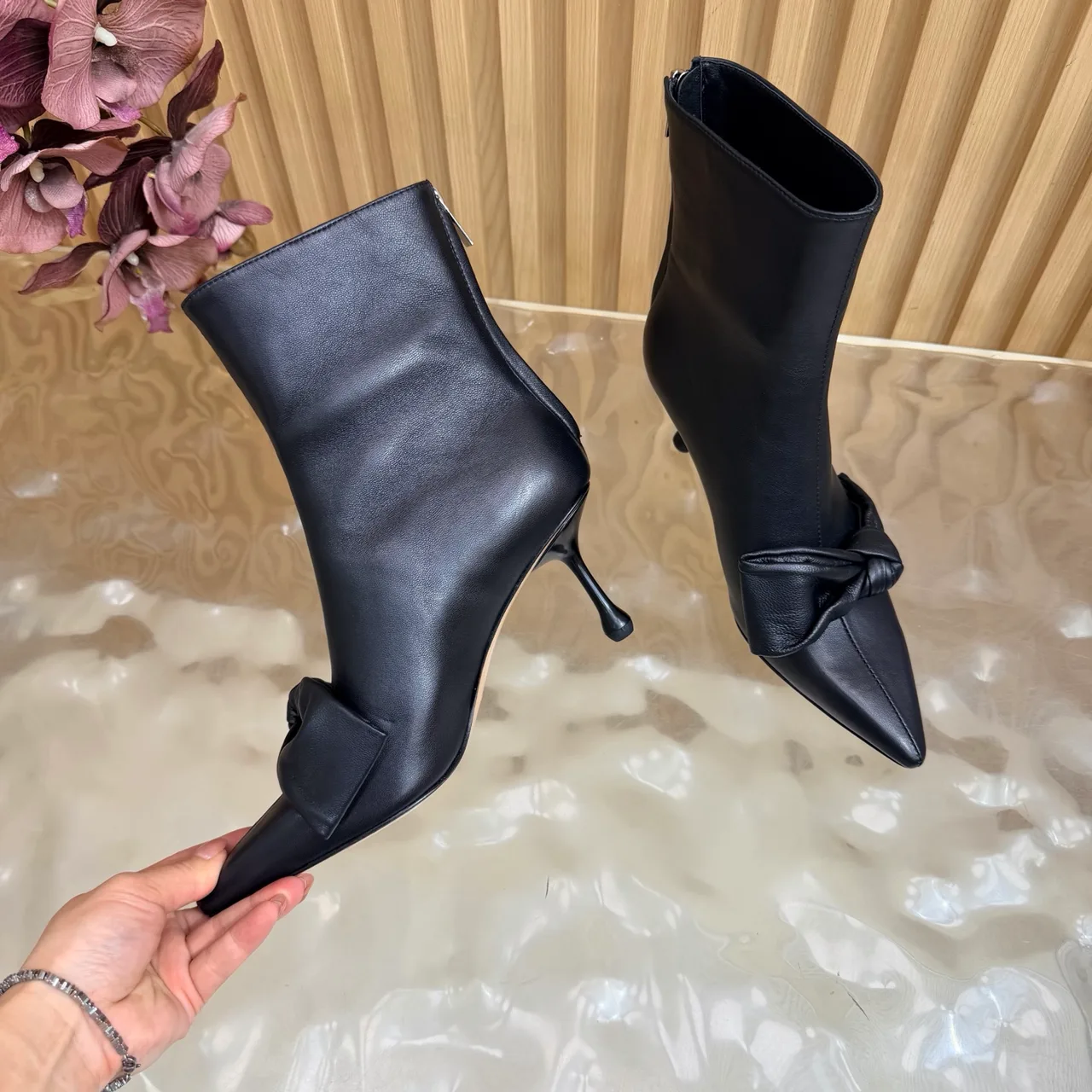 Jimmy Choo Cowhide Glossy Pointed-Toe Bow Knot Ankle Boots in Black · view 7
