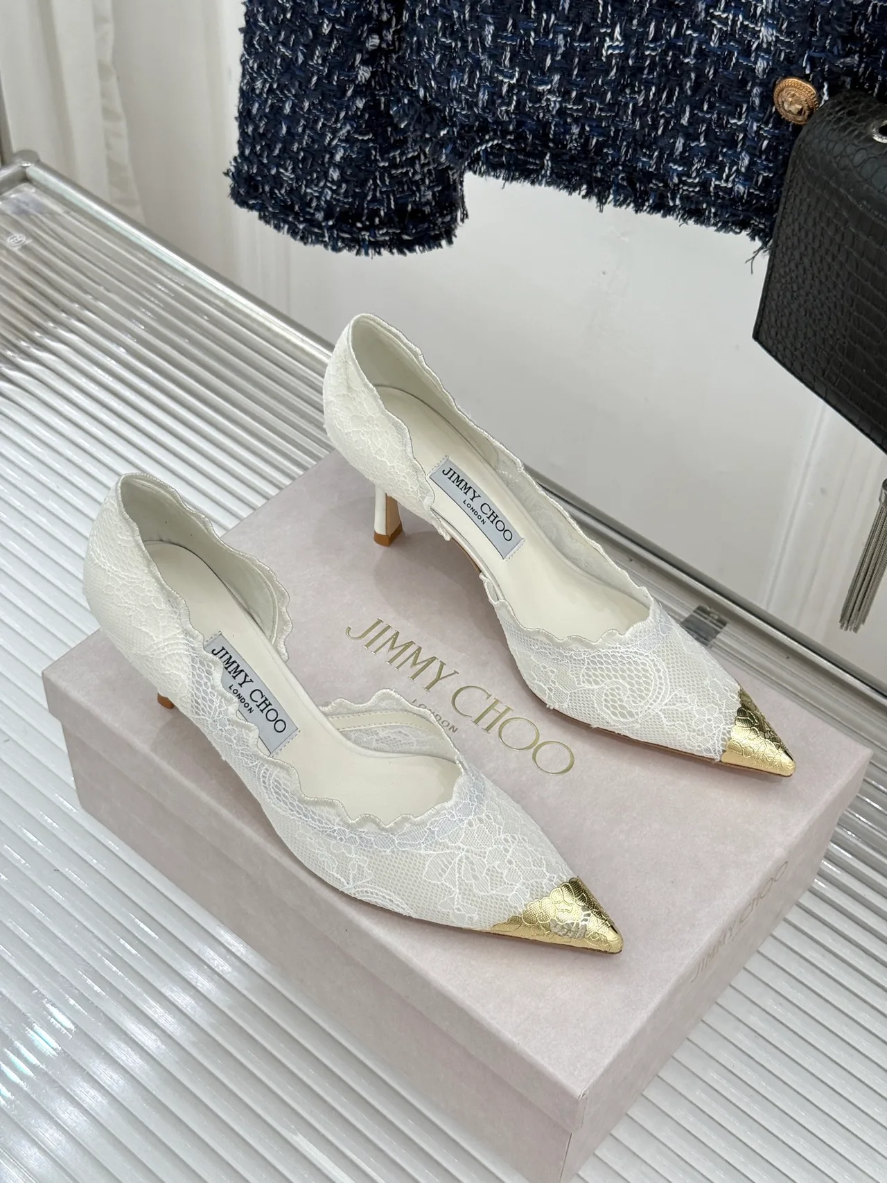 Jimmy Choo Pointed-Toe Lace Heel Pumps in White · view 4