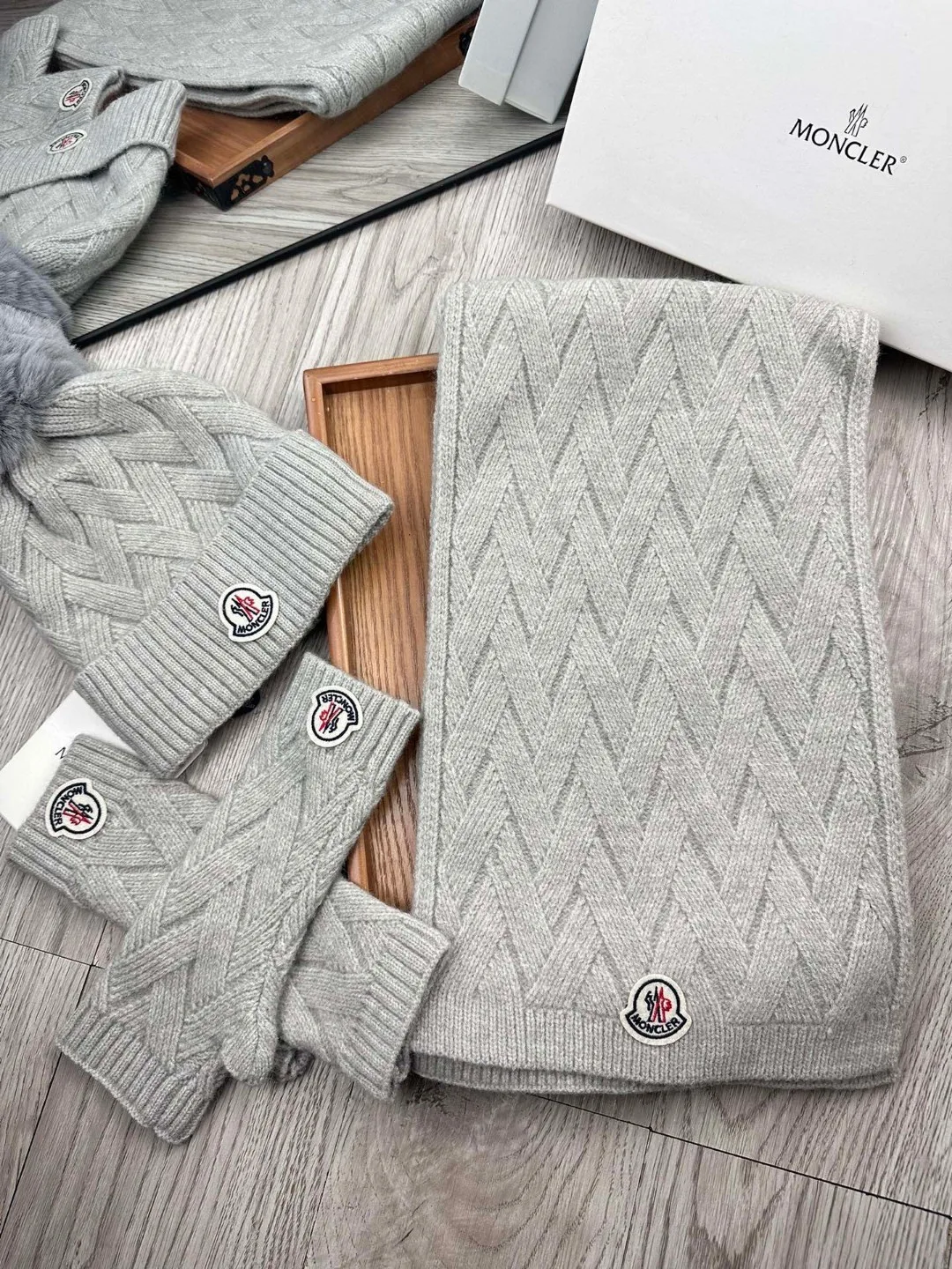 Moncler Wool Smooth Hat Scarf and Gloves Set in Grey · view 3
