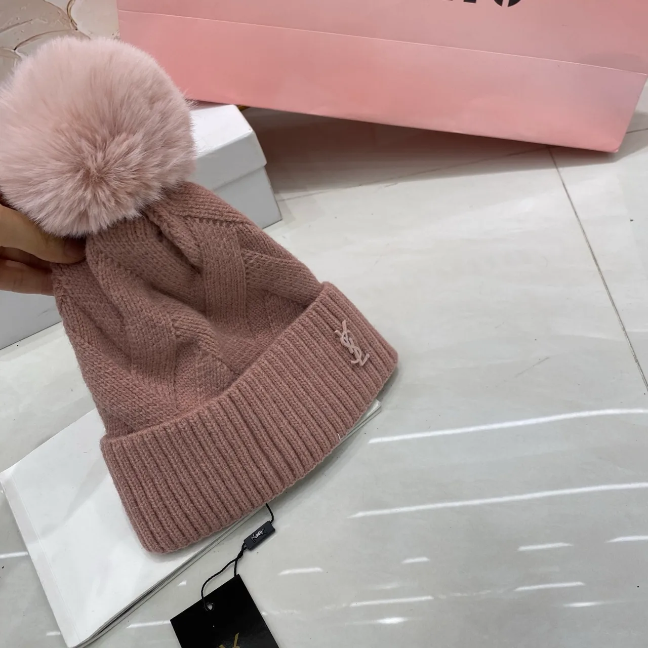 Saint Laurent Cable Pom Beanie in Black & White & Beige & Brown & Pink & Grey & Red · view 5
