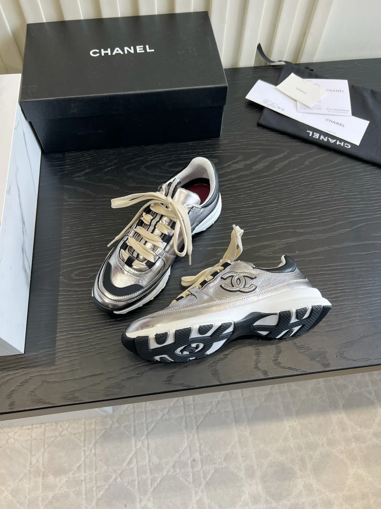 Chanel Striped Sneakers in Silver · view 4