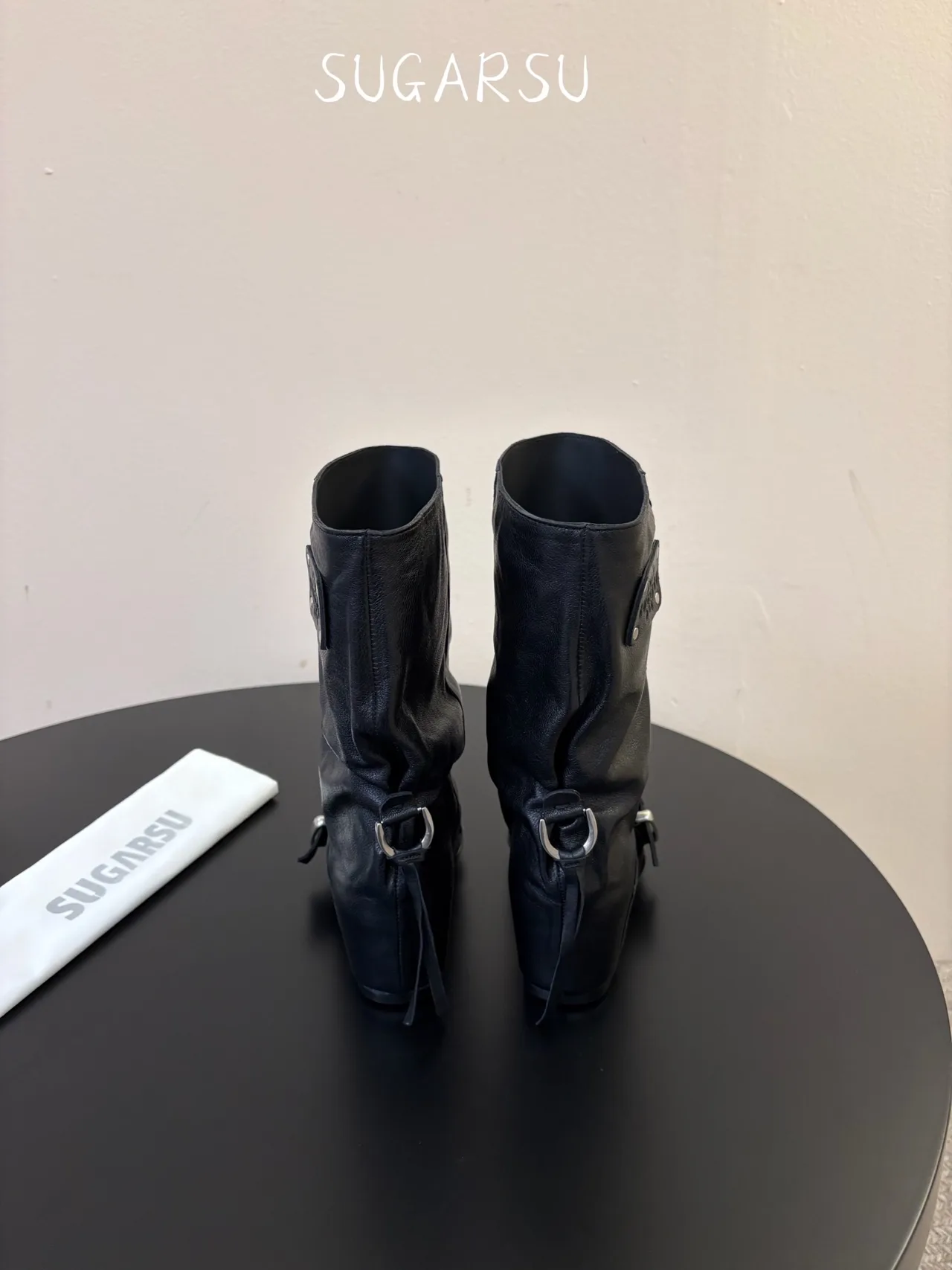 Sugar Su Sheepskin Glossy Square-Toe Boots in Black · view 6