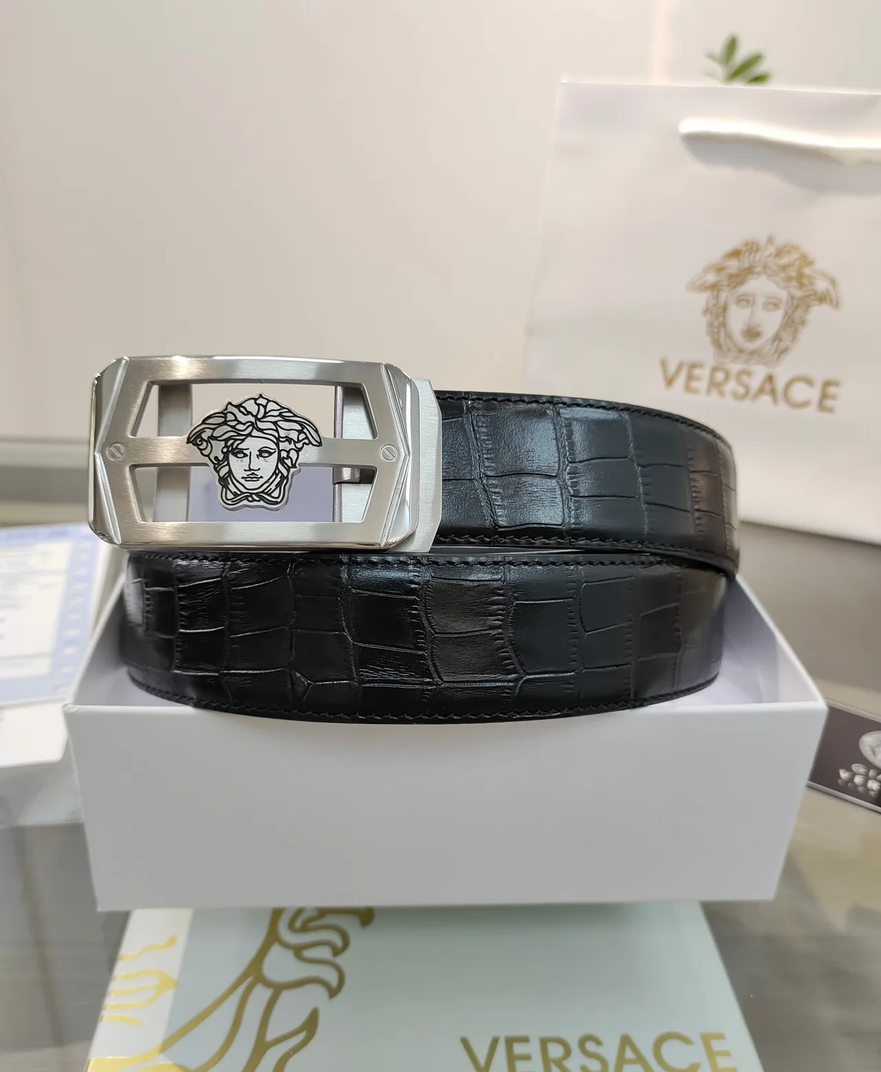 Versace Calfskin Glossy Belt in Black · view 2