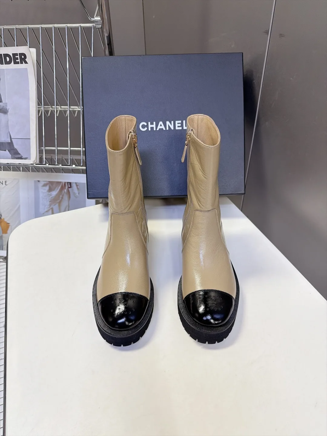 Chanel Cowhide Patent Leather Glossy Round-Toe Ankle Boots in Beige · view 1