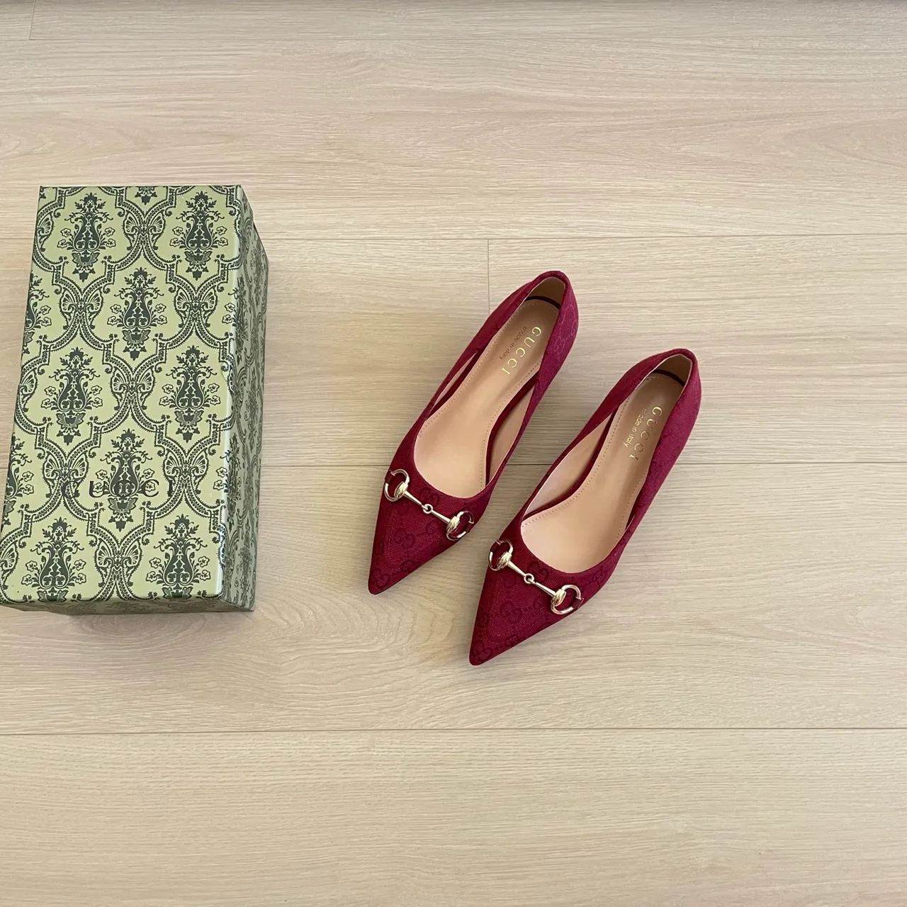 Gucci Canvas Smooth Pointed-Toe Horsebit Kitten Heel Pumps in Burgundy · view 2