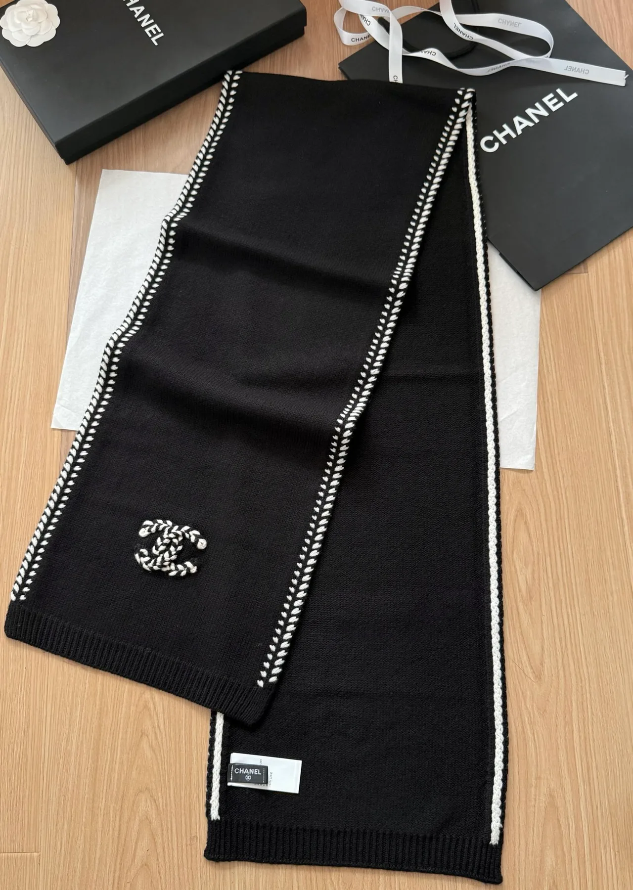 Chanel Contrast-Stitch Fringed Scarf in Black & White · view 5
