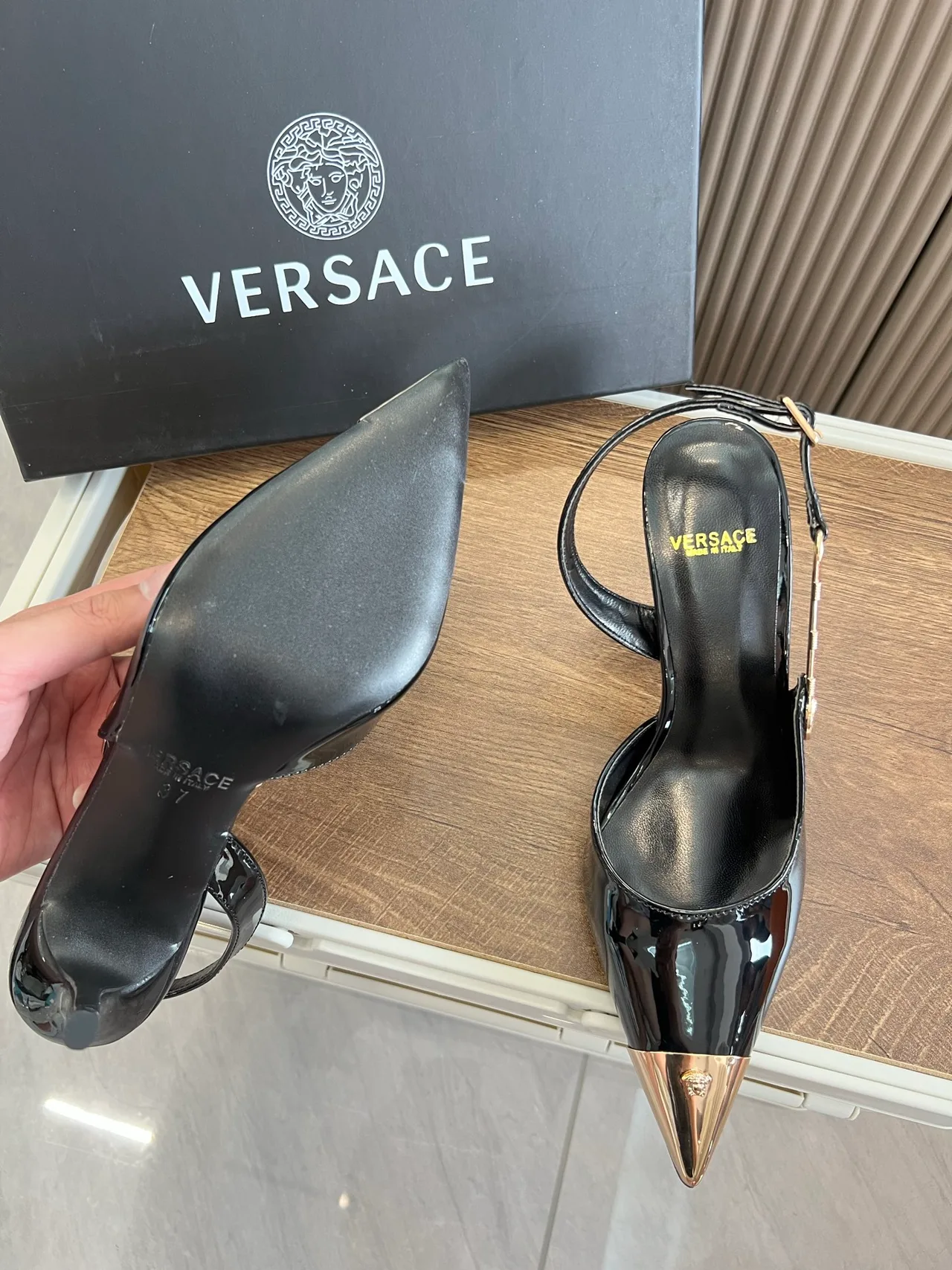 Versace Glossy Pointed-Toe Pointed Slingback Pumps in Black · view 7