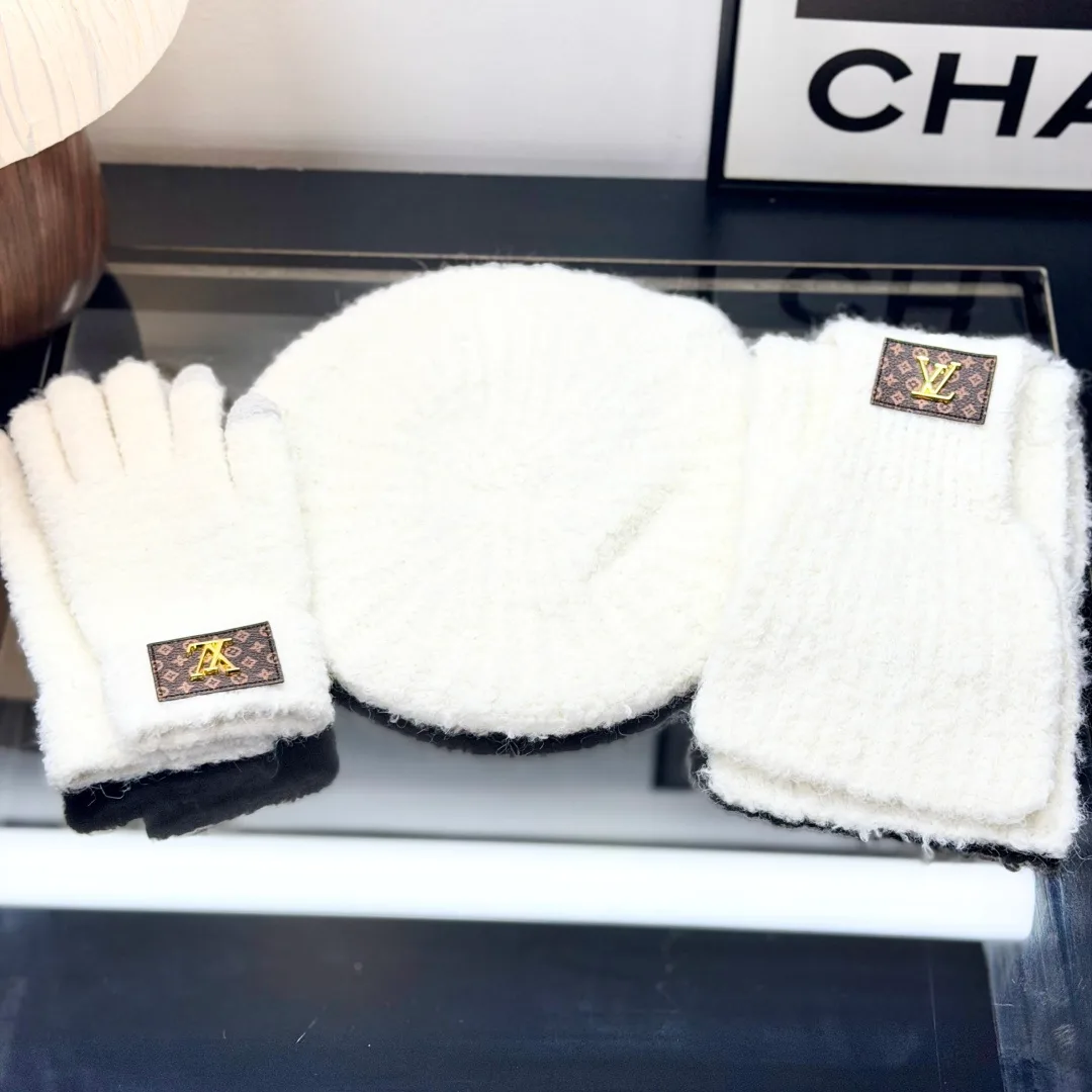 Louis Vuitton Wool Hat Scarf and Gloves Set in White · view 1