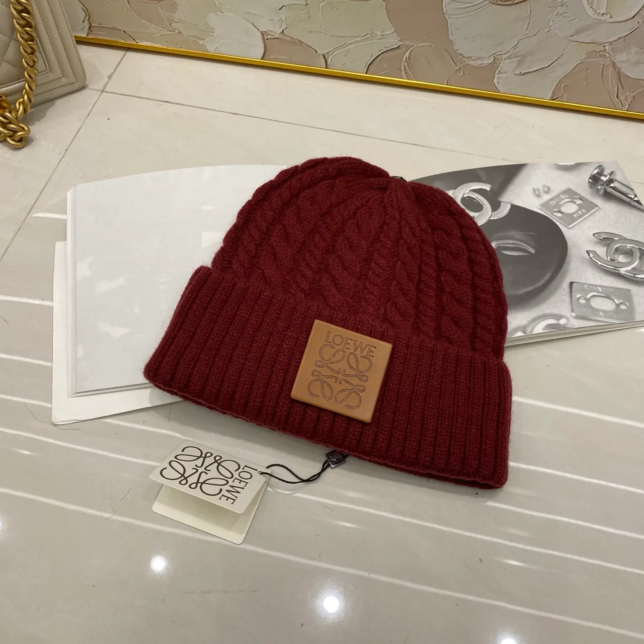 Loewe Cable knit beanie in Black & White & Cream & Brown & Grey & Burgundy · view 7