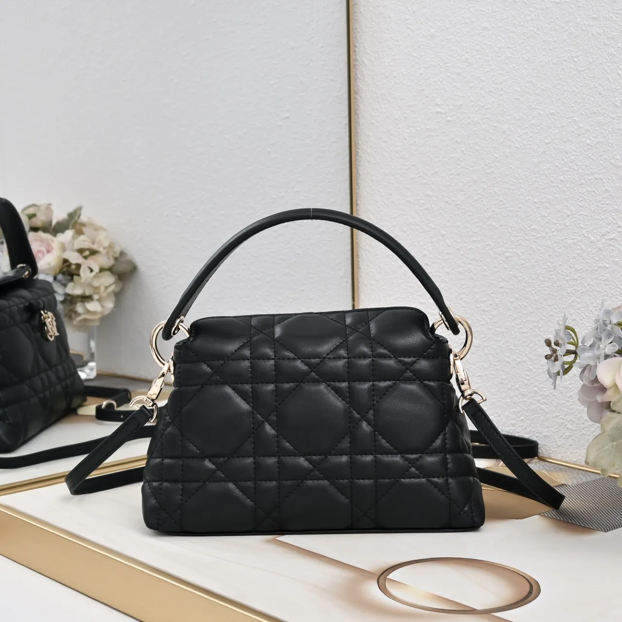 Dior Sheepskin Quilted Top-Handle Bag in Black · view 3