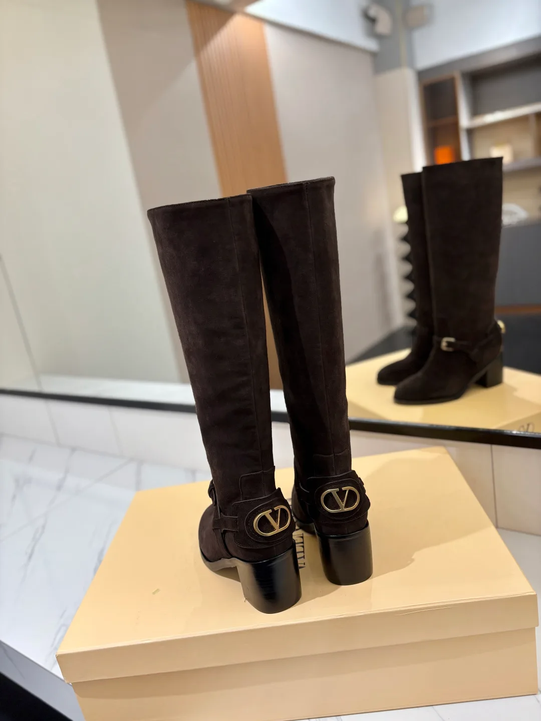 Valentino Calfskin Suede-Look Buckle Knee-High Boots in Brown · view 8