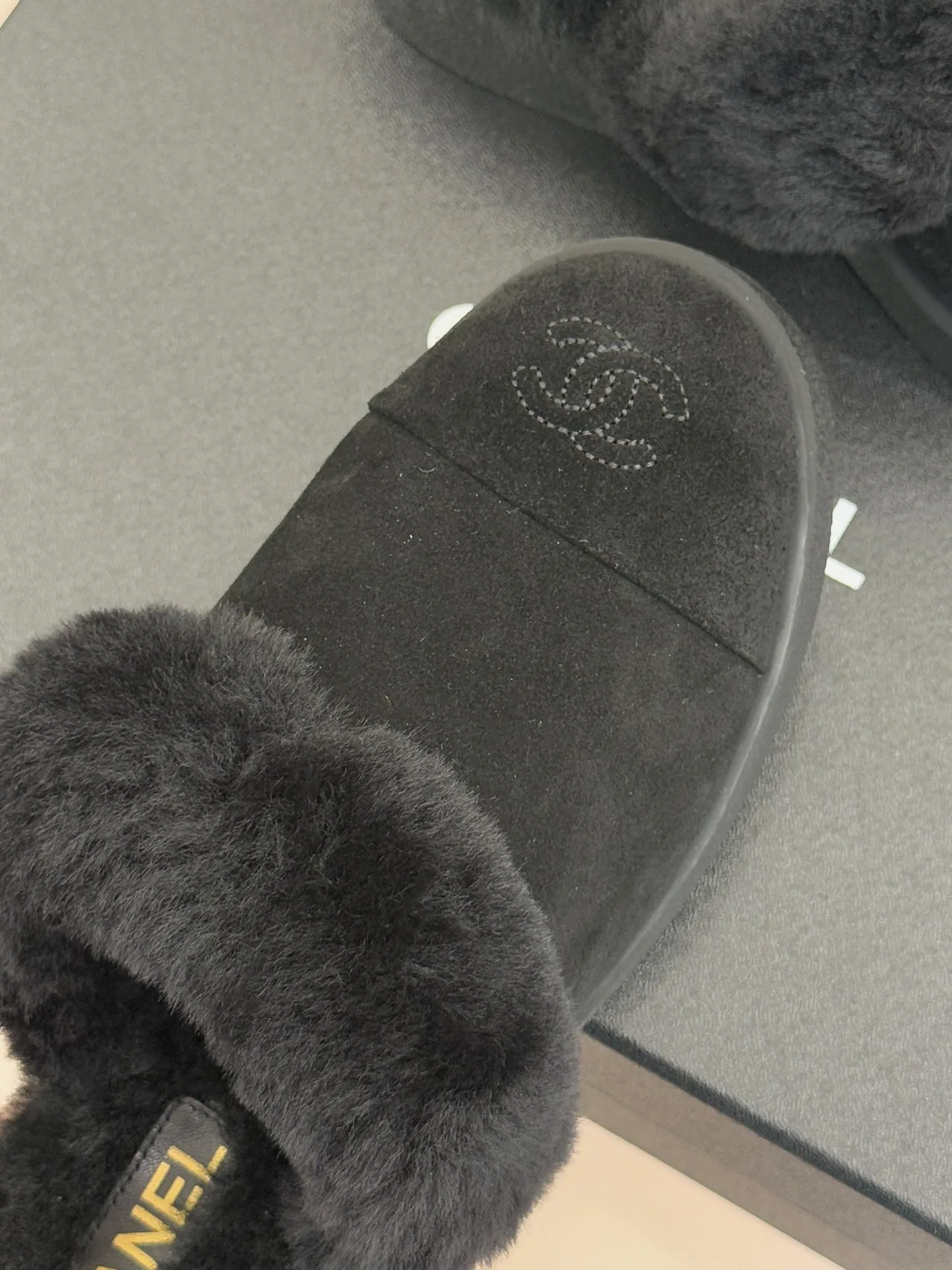 Chanel Glossy Suede-Look Slippers in Black · view 7